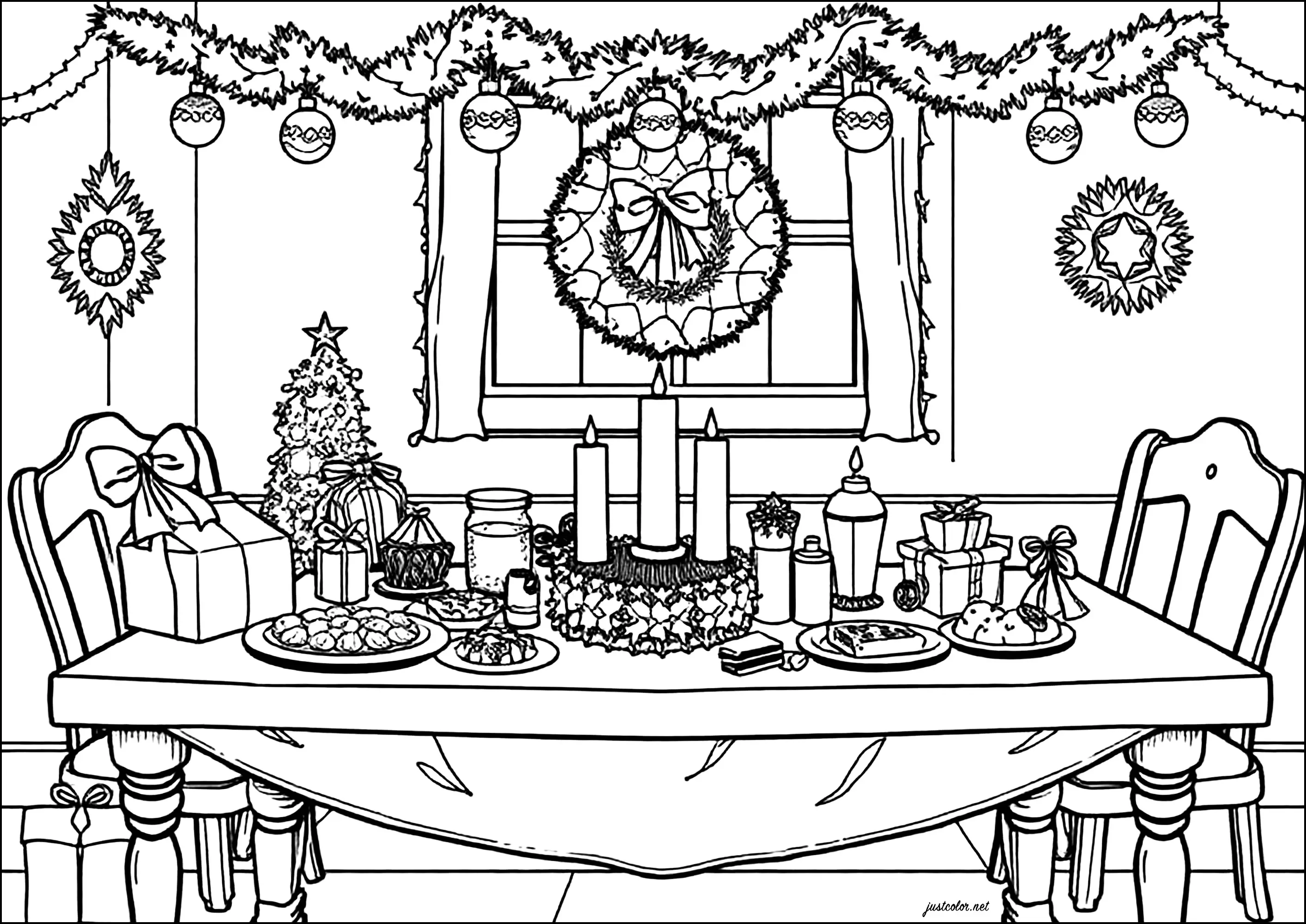 Table de Noël décorée et pleine de bonne nourriture (Coloriage à imprimer pour enfants)