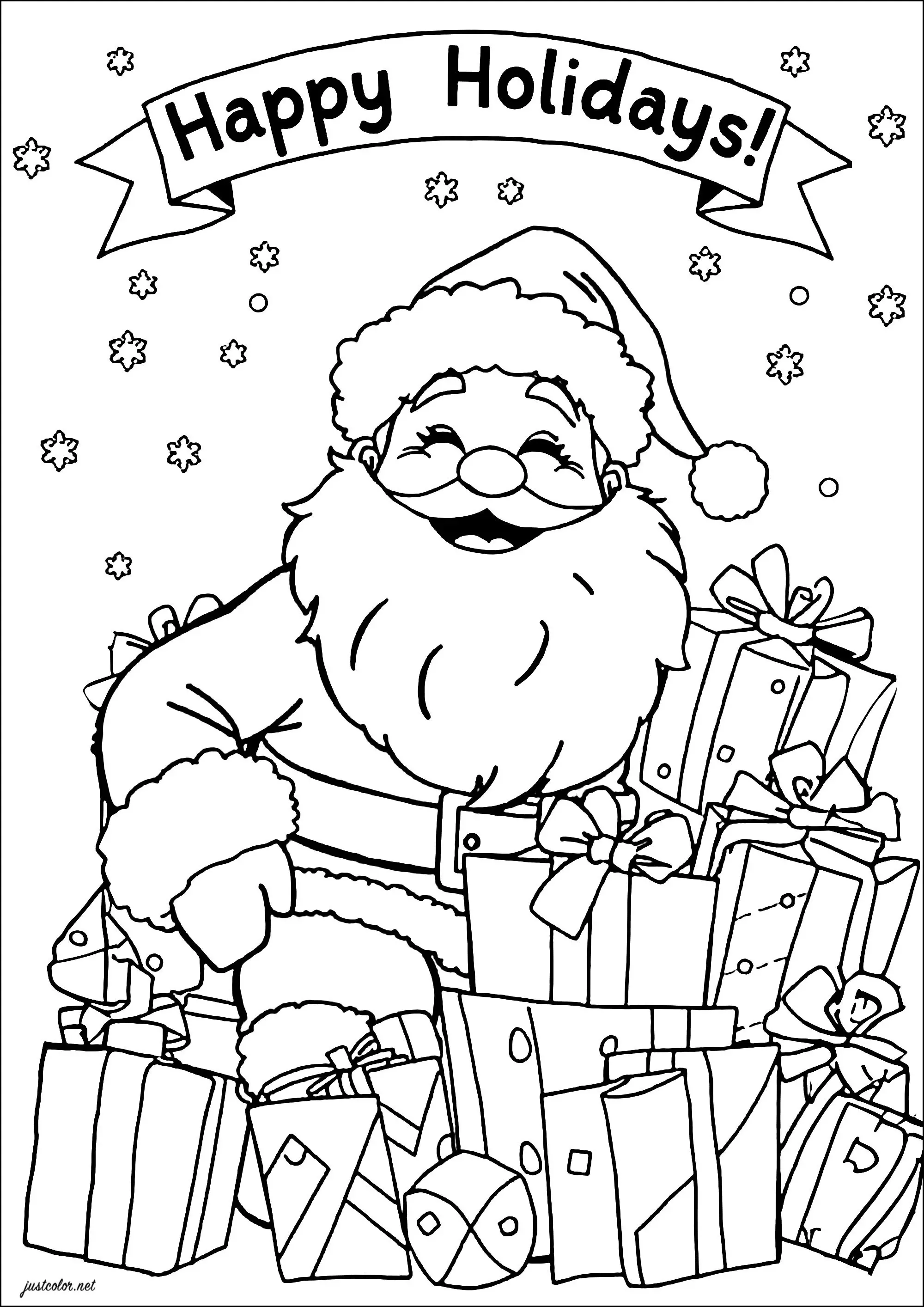 Joyeux Père Noël entouré de cadeaux (Coloriage à imprimer pour enfants)