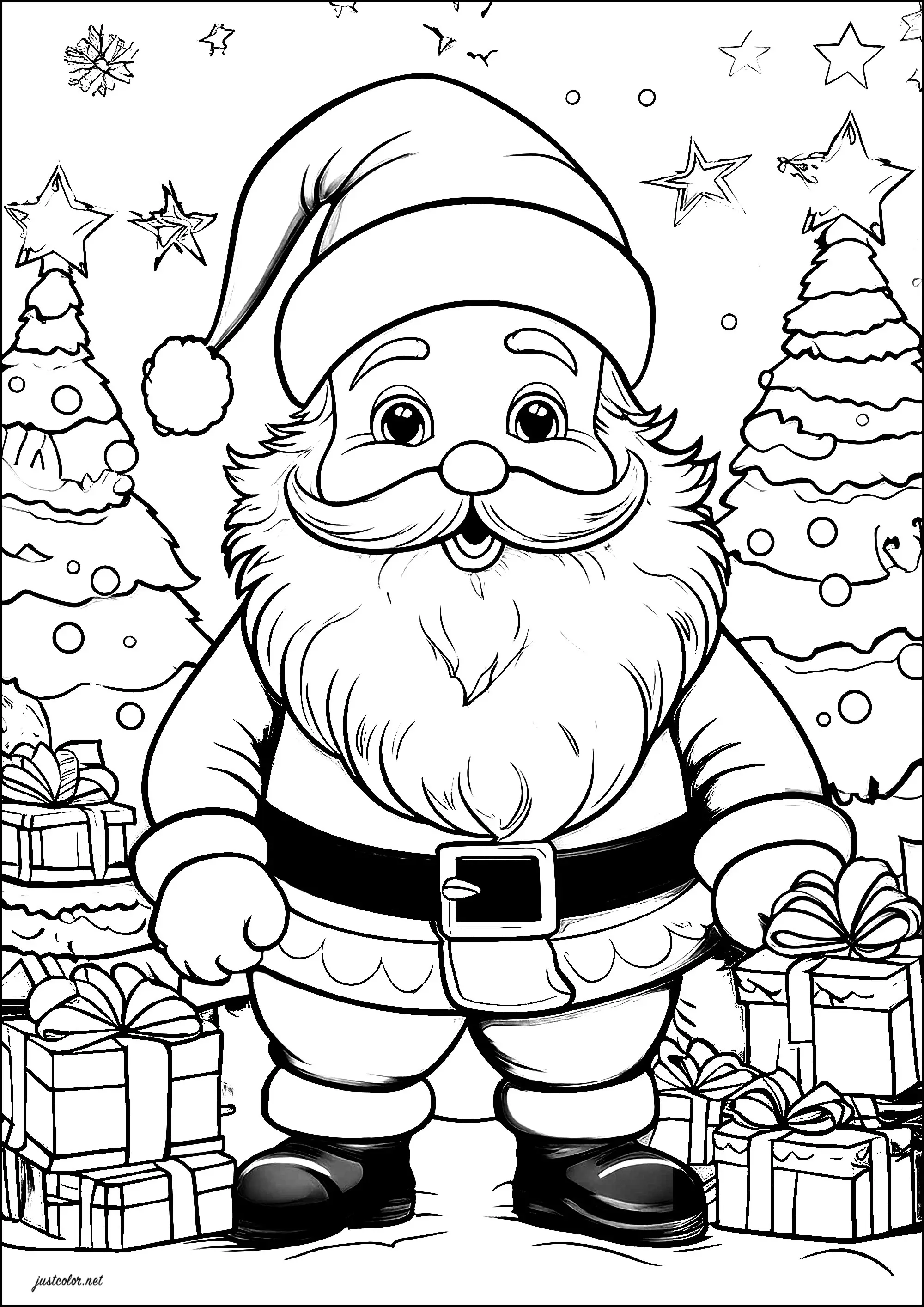 Père Noël avec des sapins et des cadeaux (Coloriage à imprimer pour enfants)