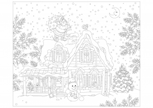 Coloriage avec nombreux détails : Père Noël et sa hotte