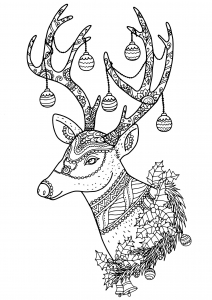 Magnifique Renne de Noël avec boules de Noël (Coloriage)