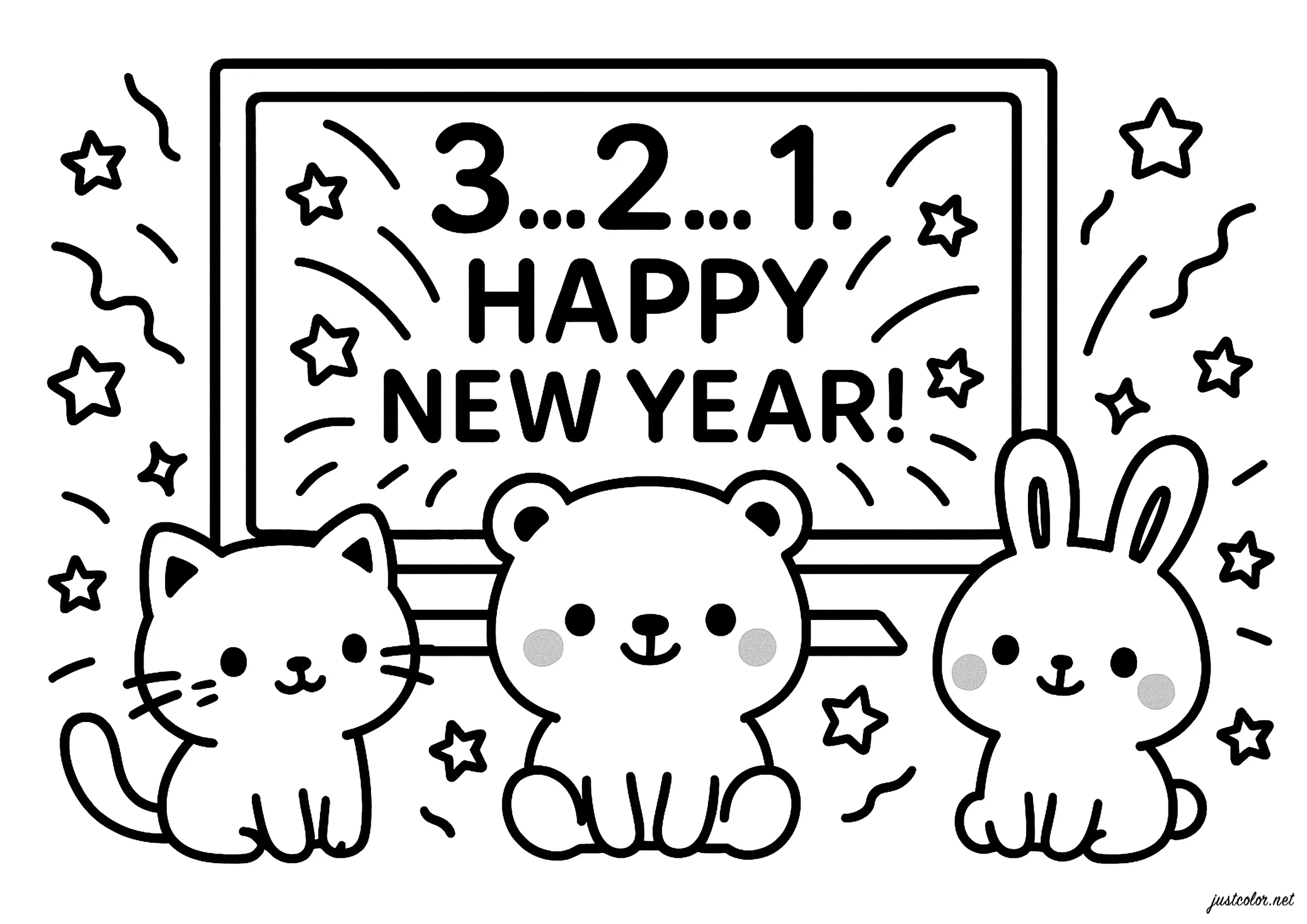 Chat, ours et lapin fêtant la nouvelle année (Coloriage de Nouvel an / Bonne année à imprimer pour enfants)