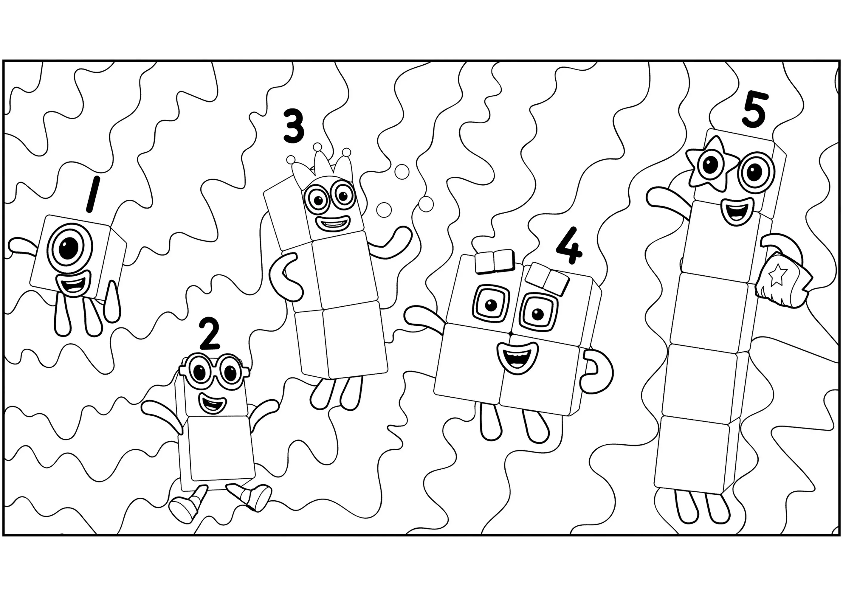 Un à Cinq avec fond à colorier (Numberblocks)