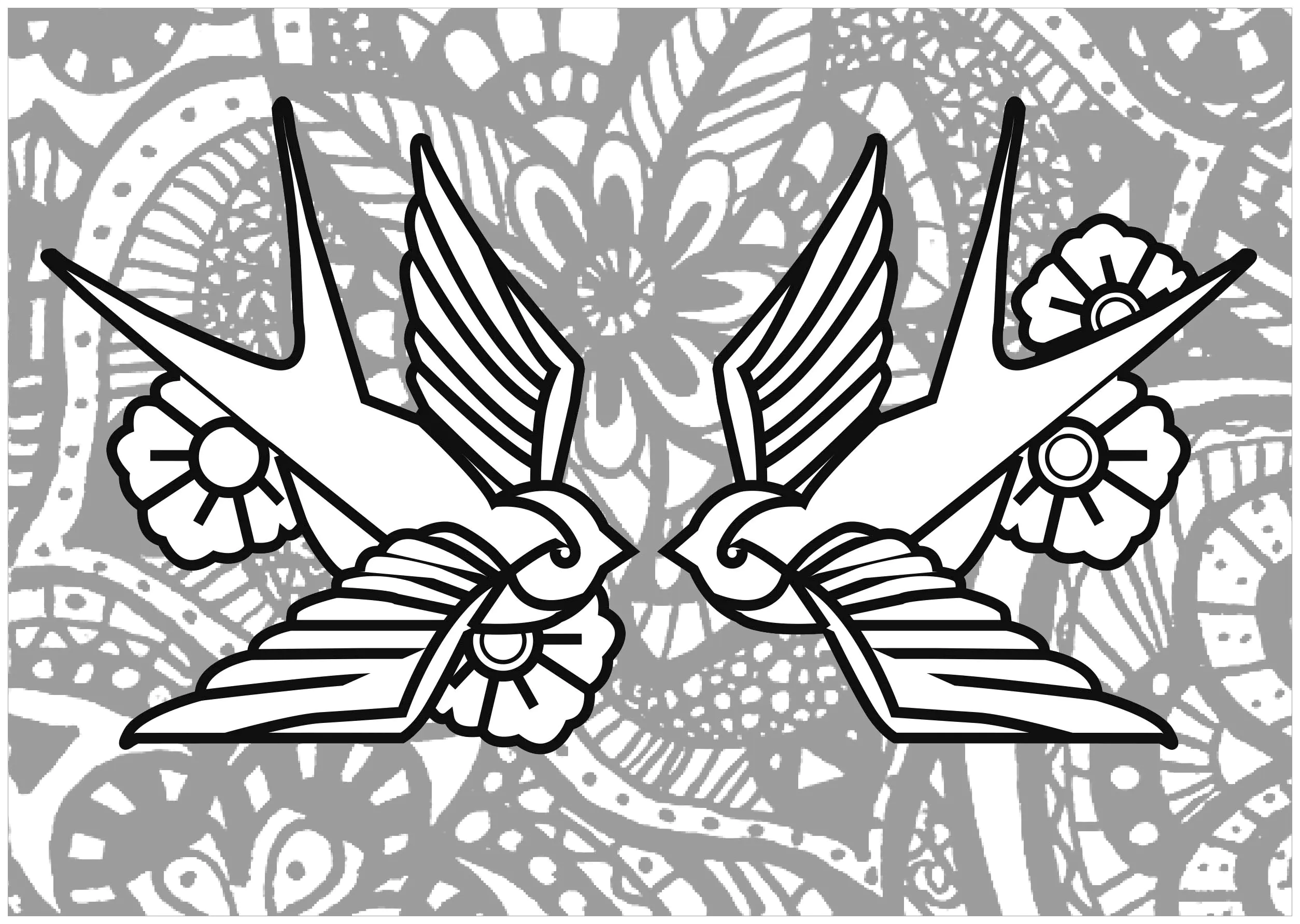 Deux hirondelles (Coloriage d'Oiseaux à imprimer pour enfants)