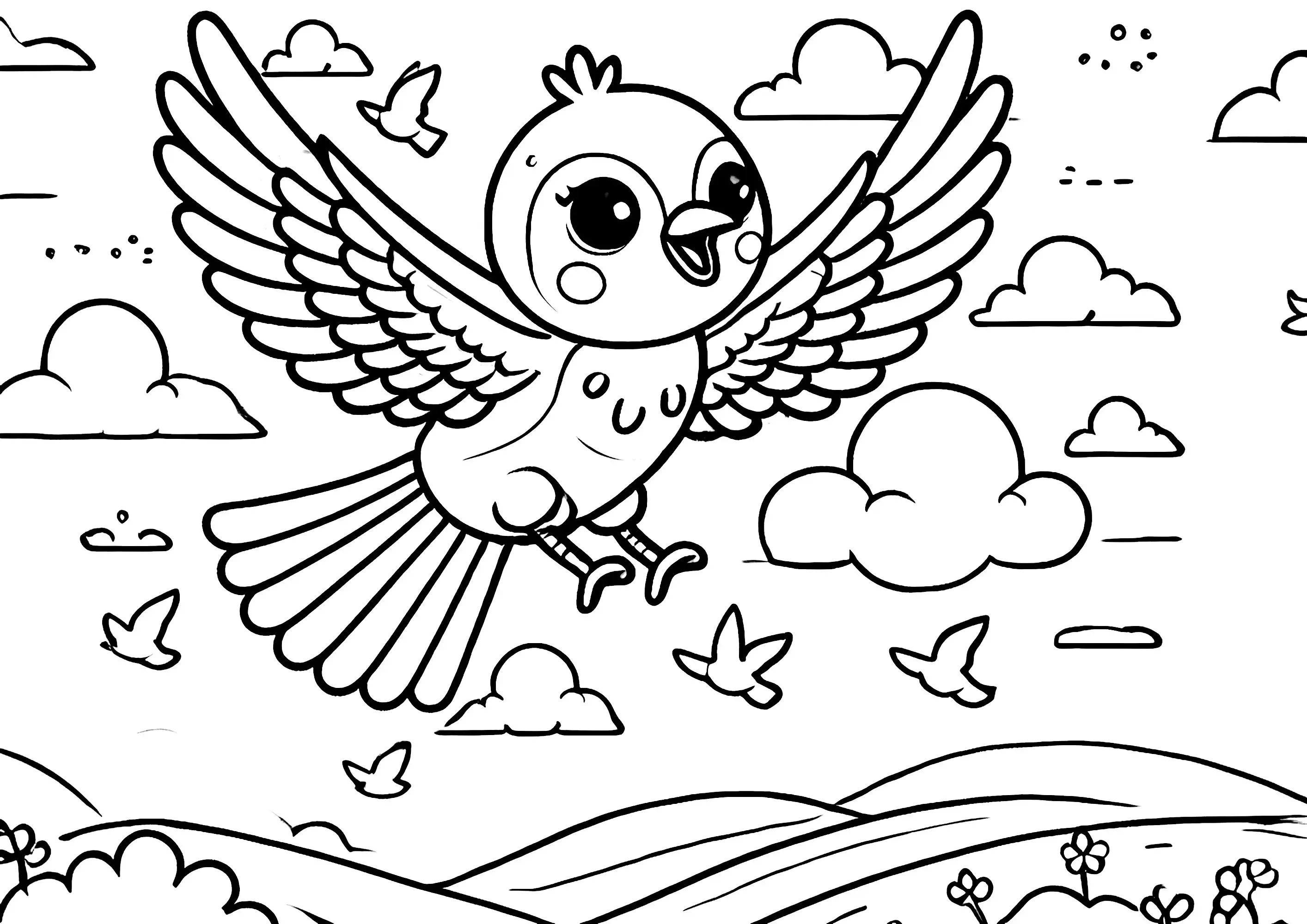 Oiseau volant dans le ciel (Coloriage d'Oiseaux à imprimer pour enfants)
