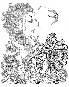 Coloriage femme cygne et oiseau