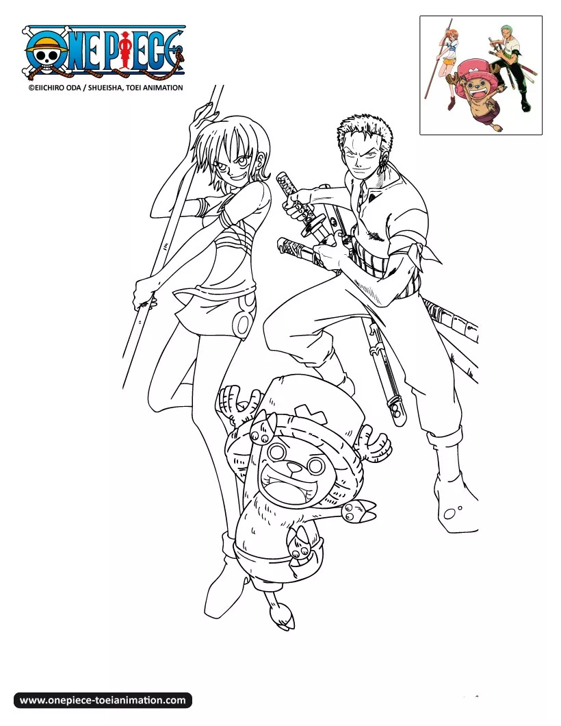 Trois personnages de One piece (Coloriage à imprimer pour enfants)