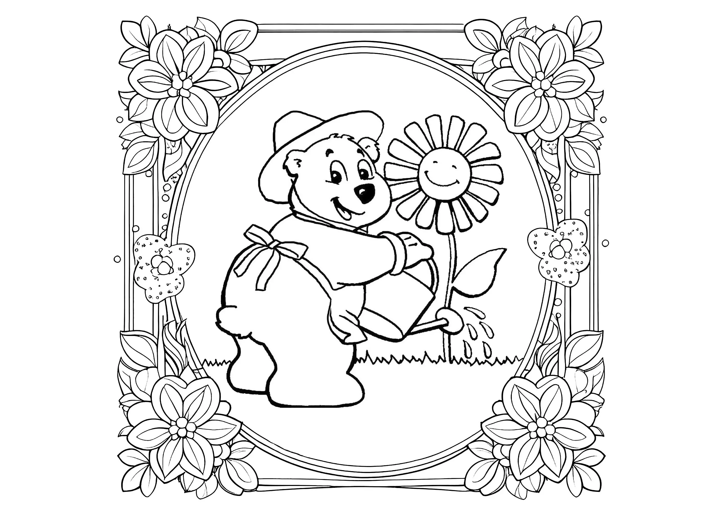 Ours arrosant une fleur dans un cadre fleuri (Coloriage d'Ours et Oursons à imprimer pour enfants)