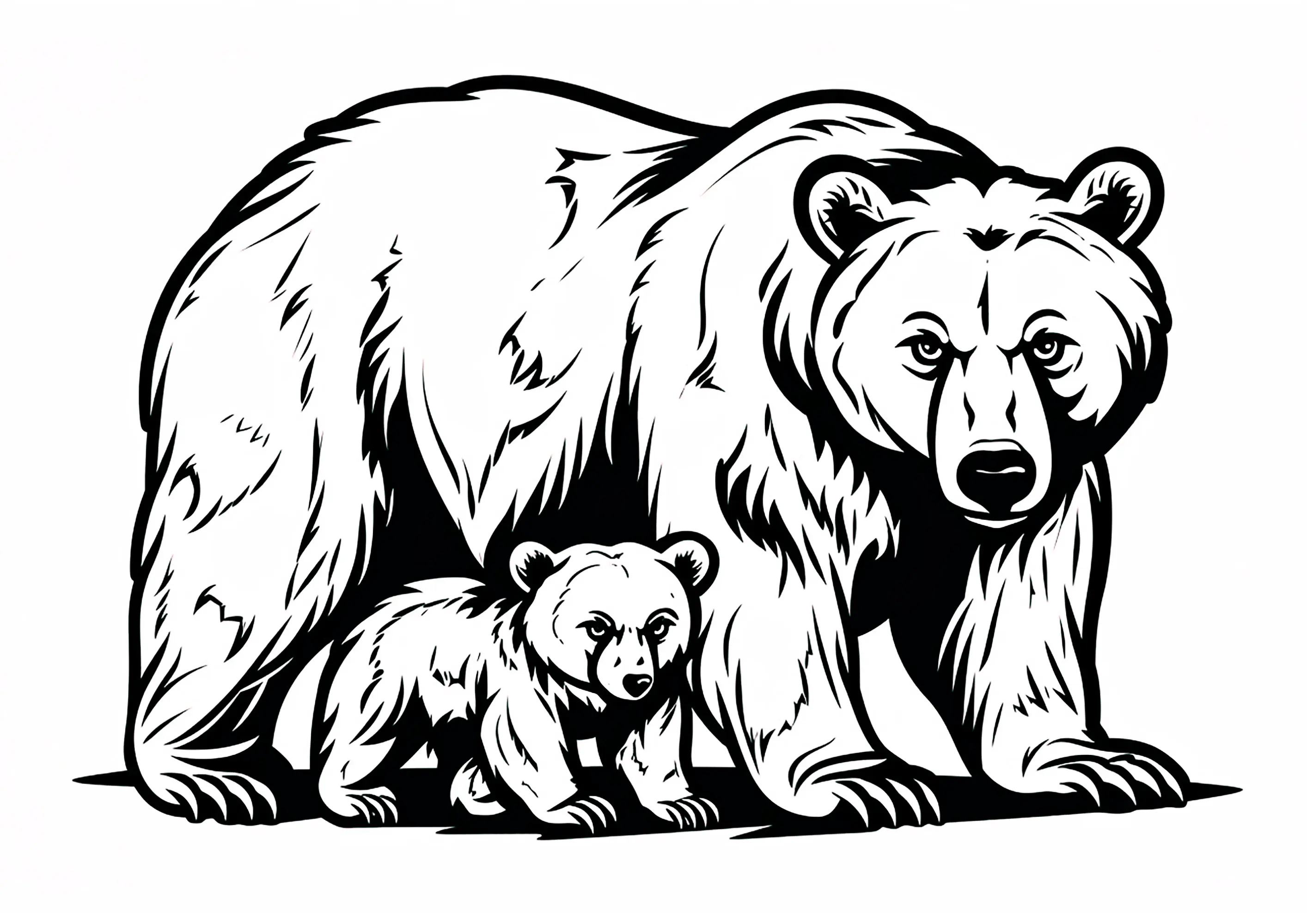 Deux ours dans un dessin aux contours épais (Coloriage d'Ours et Oursons à imprimer pour enfants)