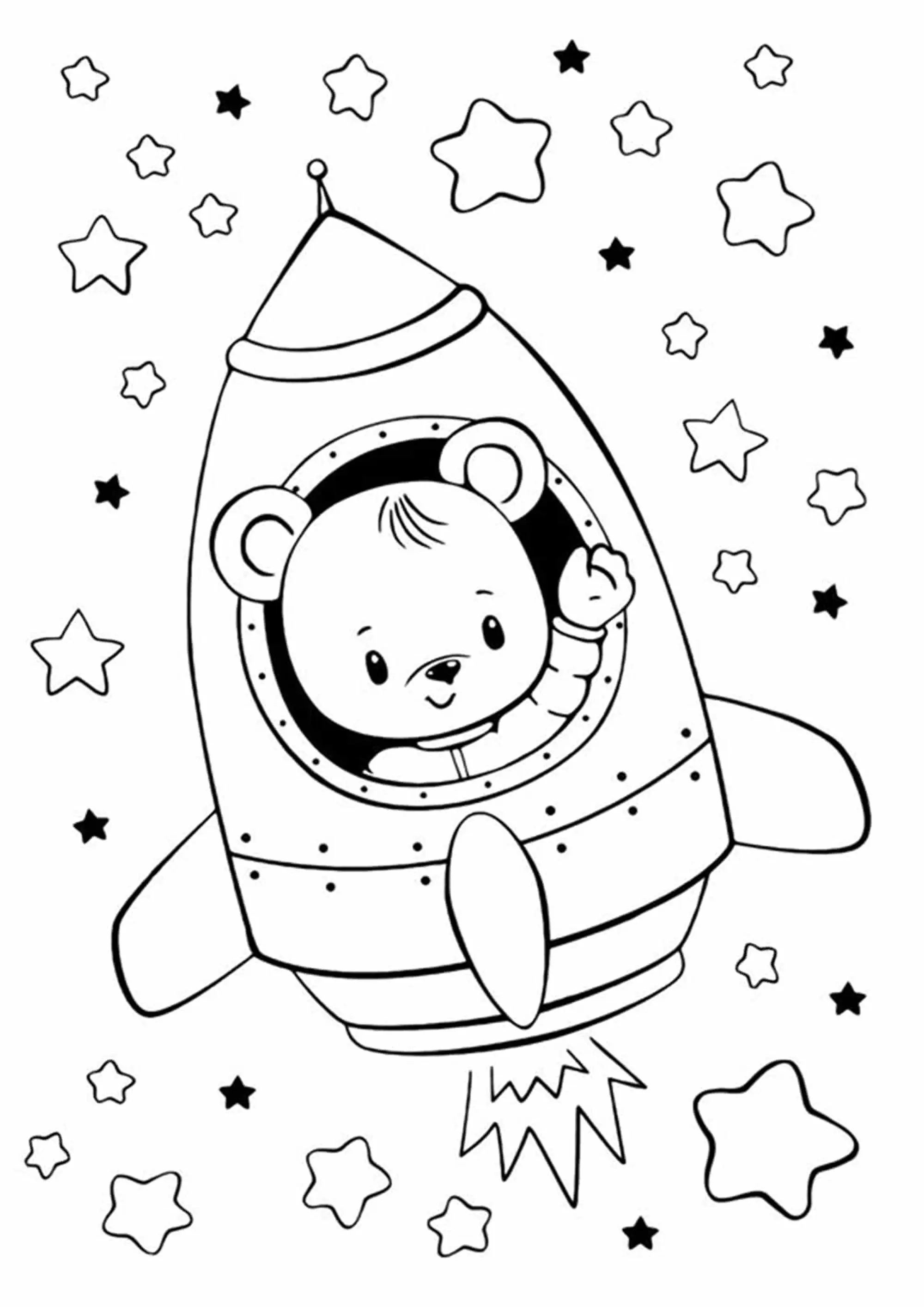 Petit ours dans une fusée, prêt à explorer l'espace (Coloriage d'Ours et Oursons à imprimer pour enfants)
