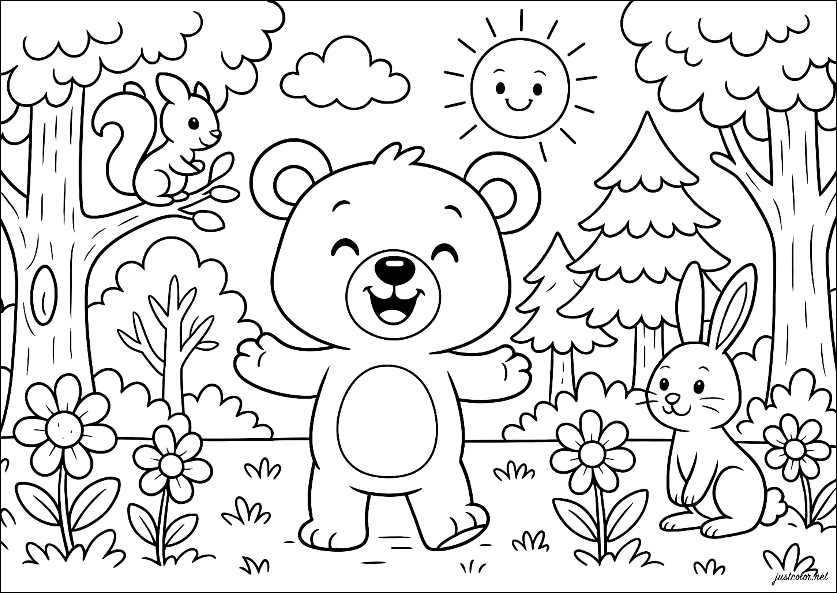 Promenade joyeuse dans la forêt (Coloriage d'Ours et Oursons à imprimer pour enfants)