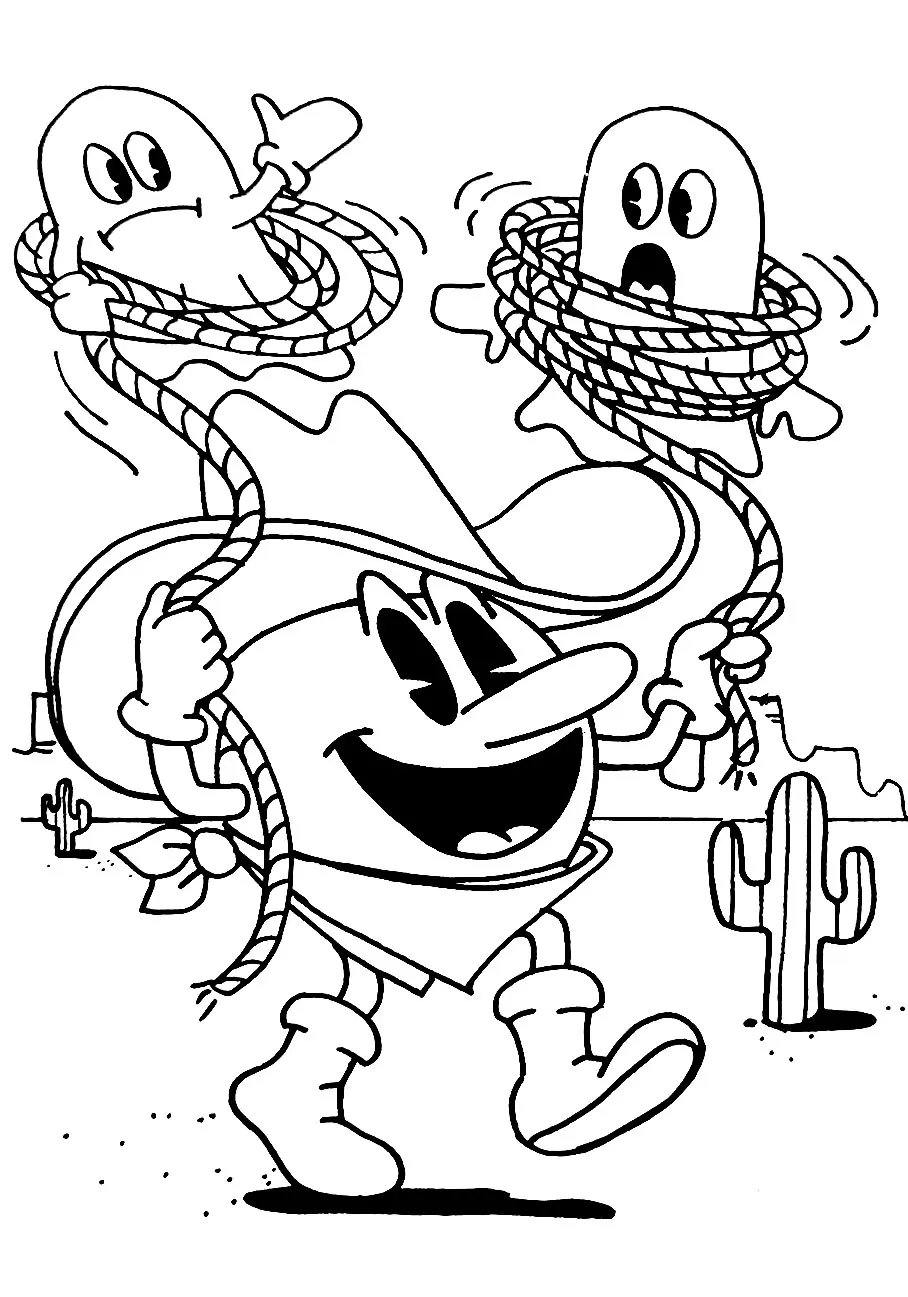 Pac Man en cowboy chasse les fantômes avec des lassots (Coloriage à imprimer pour enfants)
