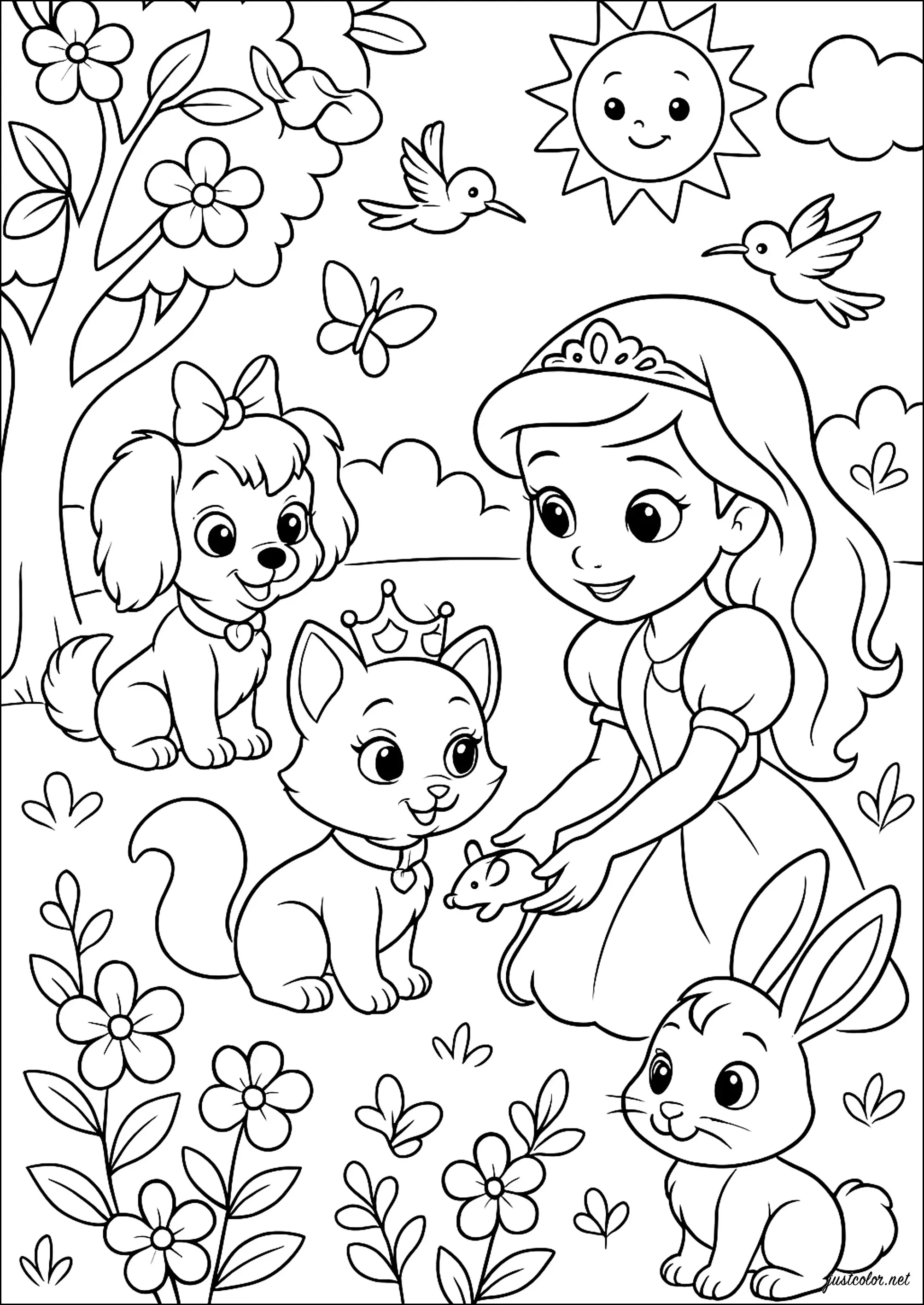 Princesse et ses amis animaux (Coloriage de Palace Pets à imprimer pour enfants)