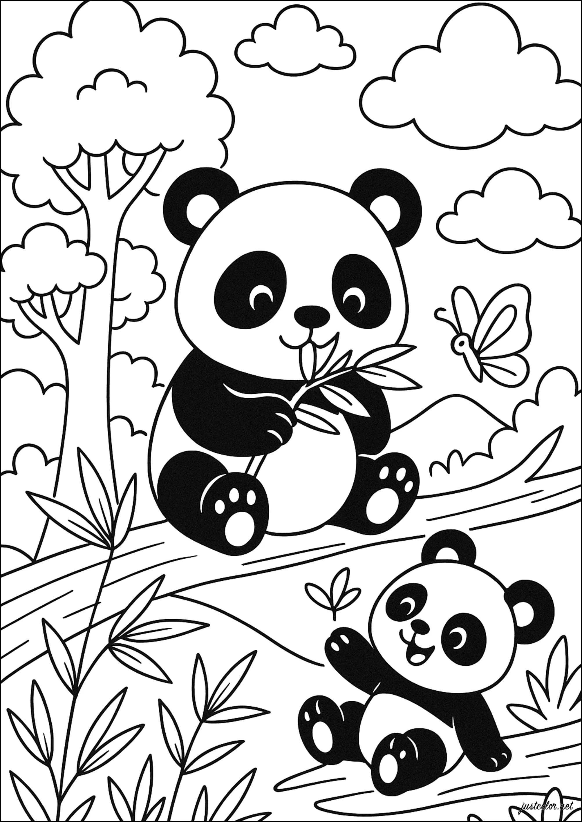 Pandas joueurs dans une forêt (Coloriage à imprimer pour enfants)