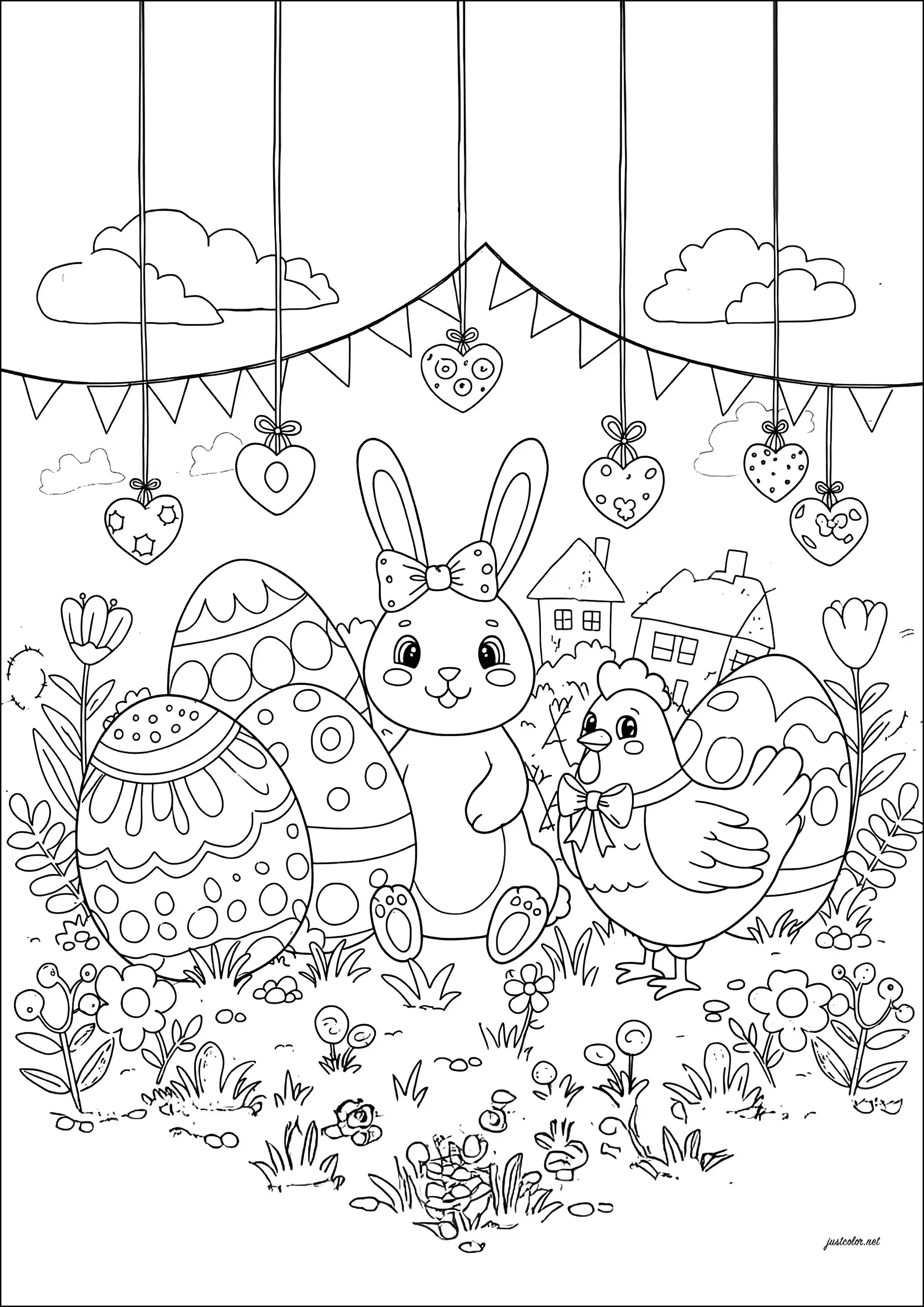Lapin et poule entourés d'œufs de Pâques (Coloriage de Pâques (Oeufs de Pâques, Lapins, Cloches…) à imprimer pour enfants)