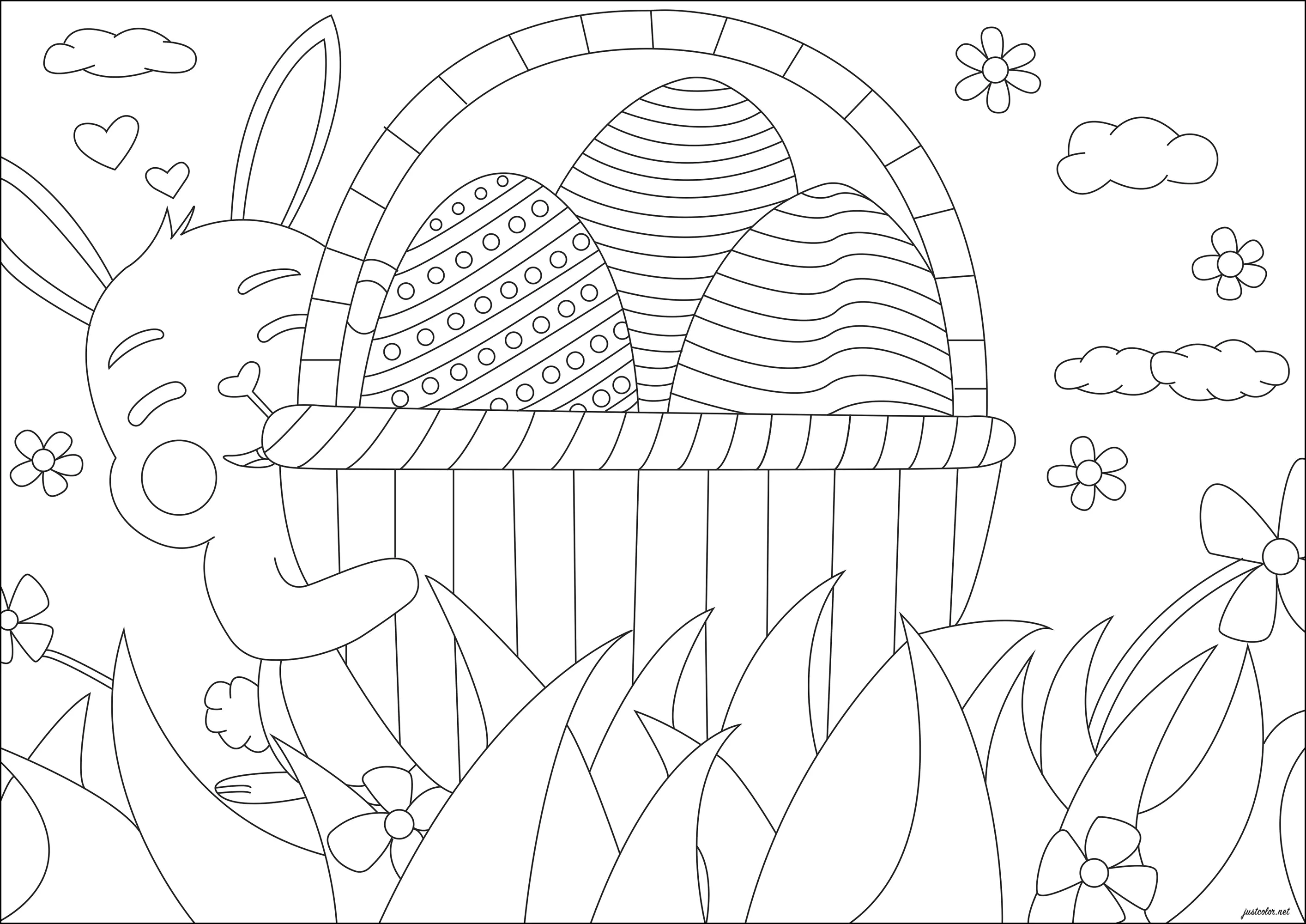 Petit lapin caché derrière un panier d'oeufs de Pâques (Coloriage de Pâques (Oeufs de Pâques, Lapins, Cloches…) à imprimer pour enfants)
