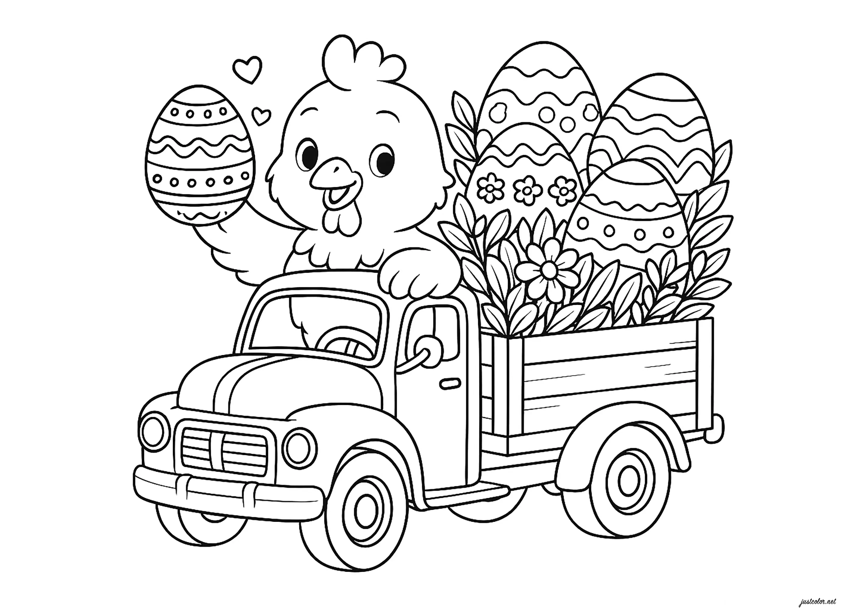 Livraison express d'oeufs de Pâques par un petit poussin (Coloriage de Pâques (Oeufs de Pâques, Lapins, Cloches…) à imprimer pour enfants)