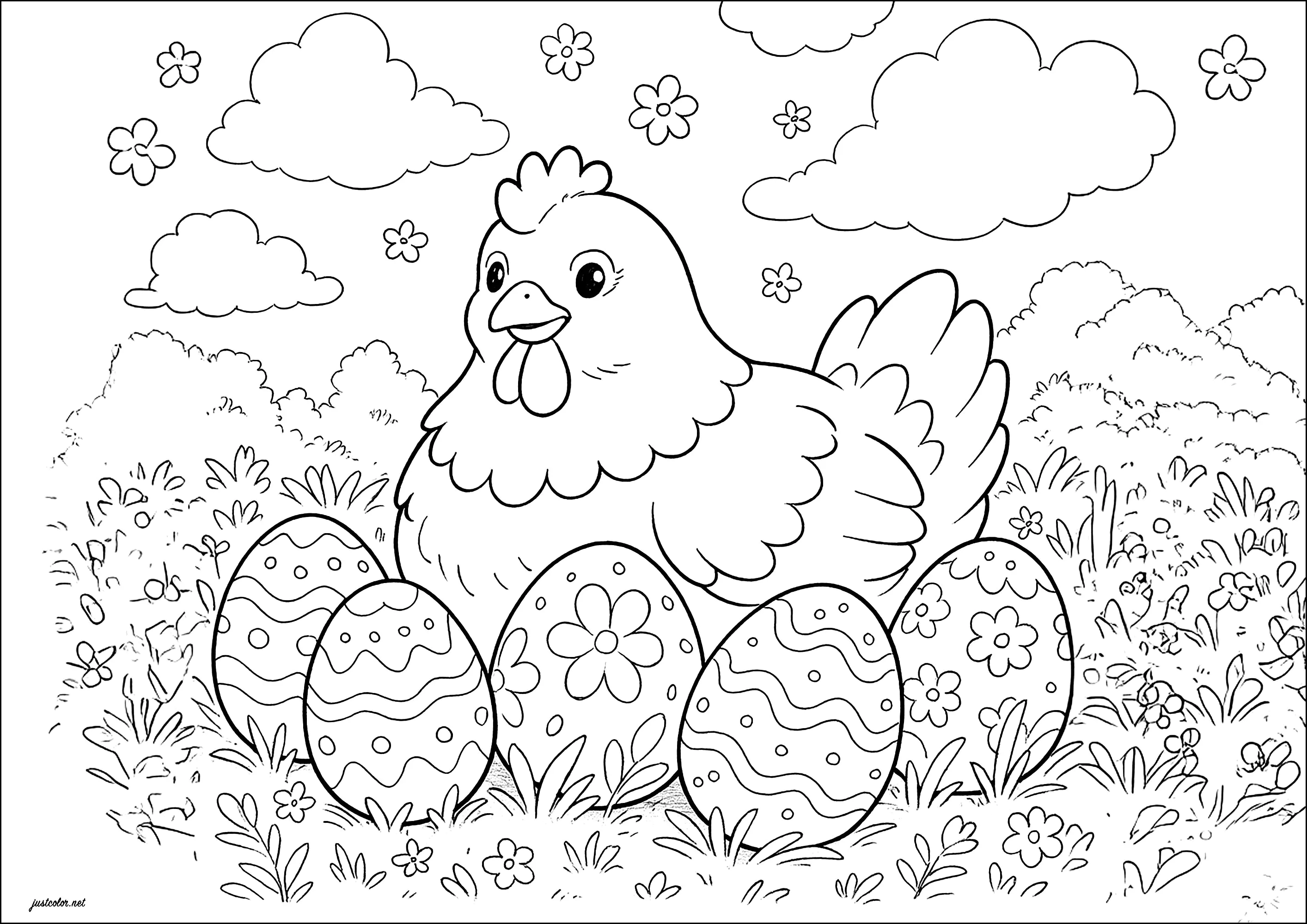 Une poule et ses oeufs à motifs variés (Coloriage de Pâques (Oeufs de Pâques, Lapins, Cloches…) à imprimer pour enfants)