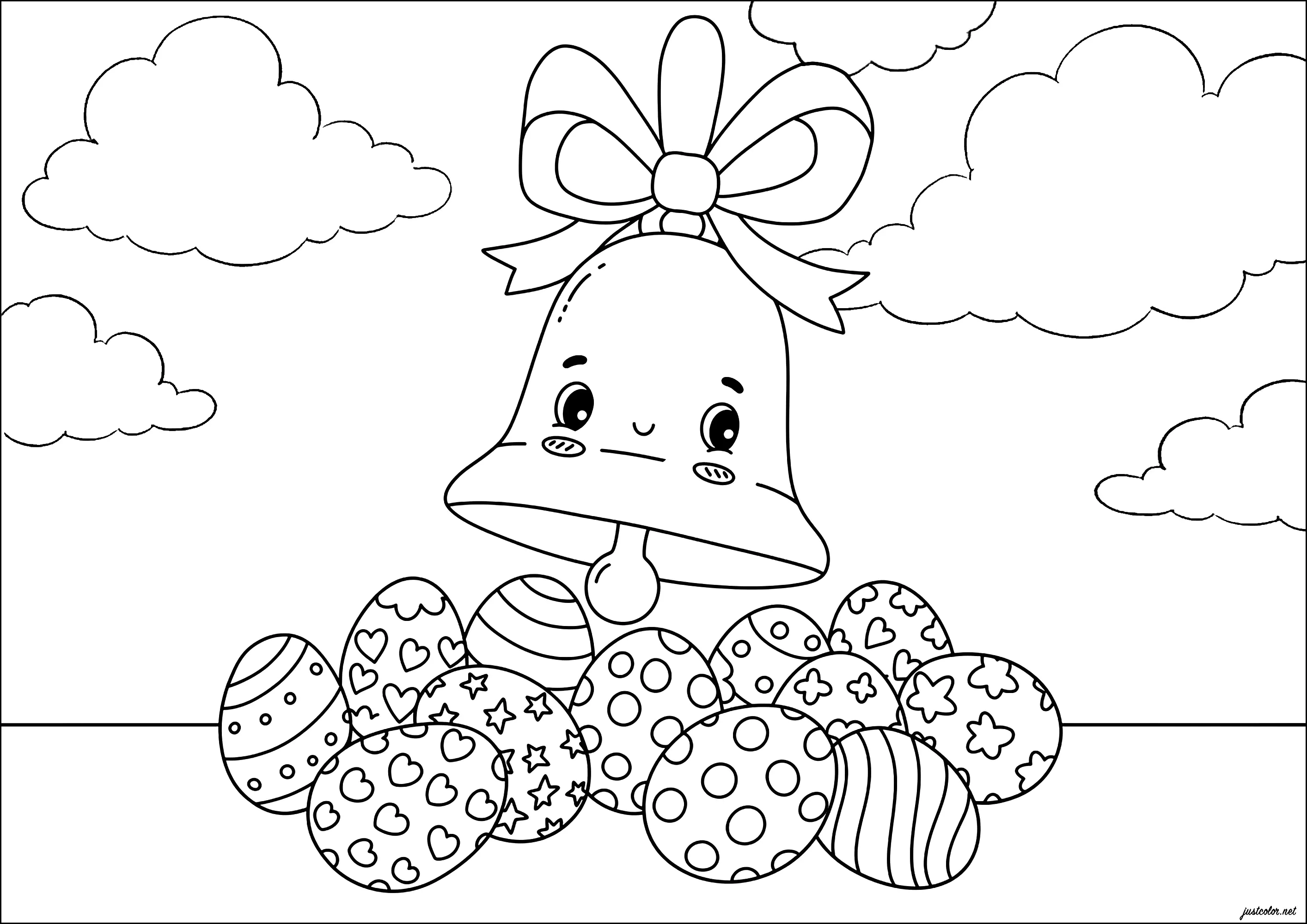 Cloche de Pâques qui ramènent de jolis oeufs décorés (Coloriage de Pâques (Oeufs de Pâques, Lapins, Cloches…) à imprimer pour enfants)