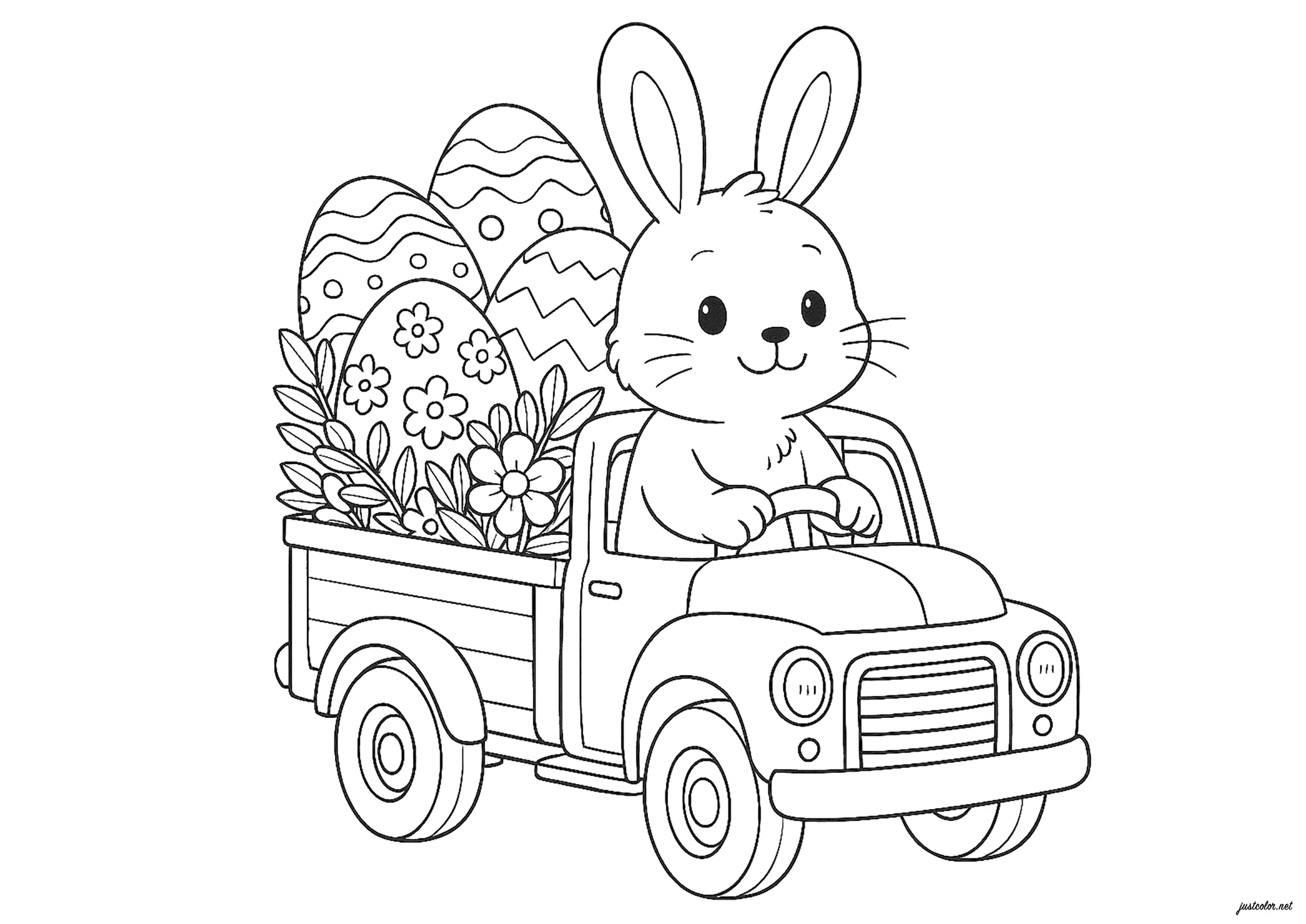 Un lapin ramène de gros oeufs de Pâques (Coloriage de Pâques (Oeufs de Pâques, Lapins, Cloches…) à imprimer pour enfants)