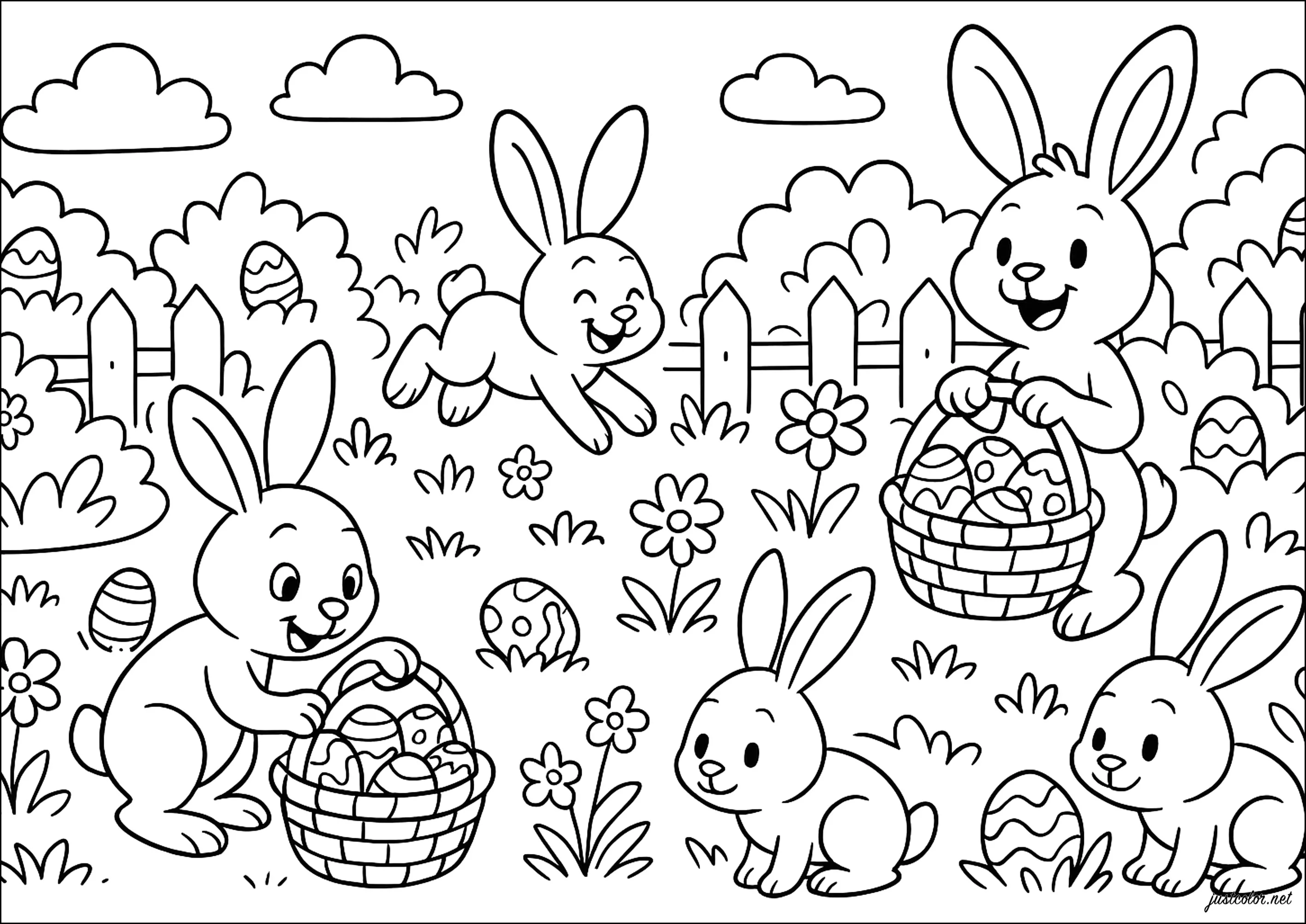 Lapins en pleine chasse aux oeufs (Coloriage de Pâques (Oeufs de Pâques, Lapins, Cloches…) à imprimer pour enfants)