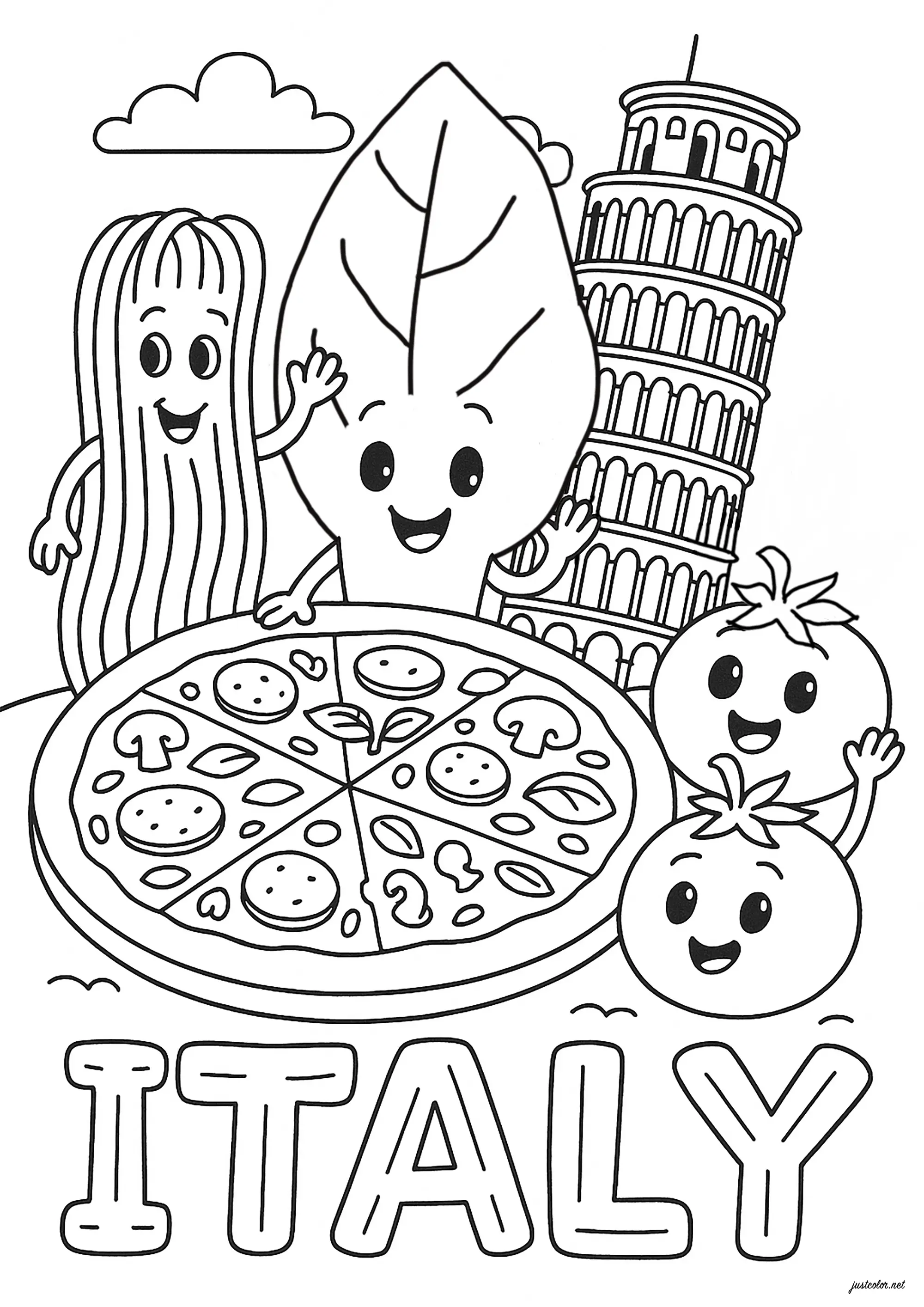 Italie : La Tour de Pise et aliments typiques du pays (Coloriage à imprimer pour enfants)