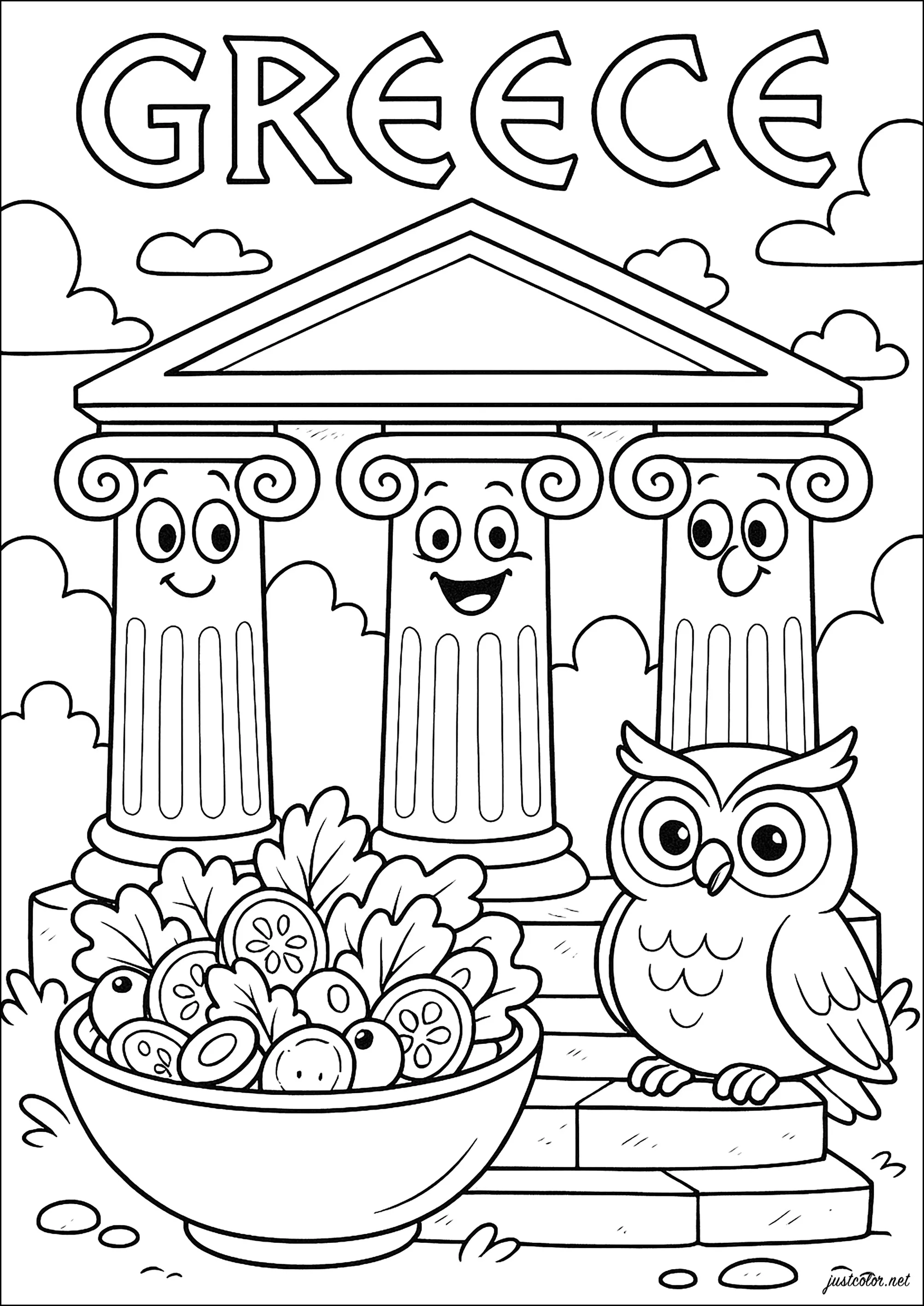 Grêce : Temple antique, hibou d'Athéna et salade grecque (Coloriage de Pays à imprimer pour enfants)