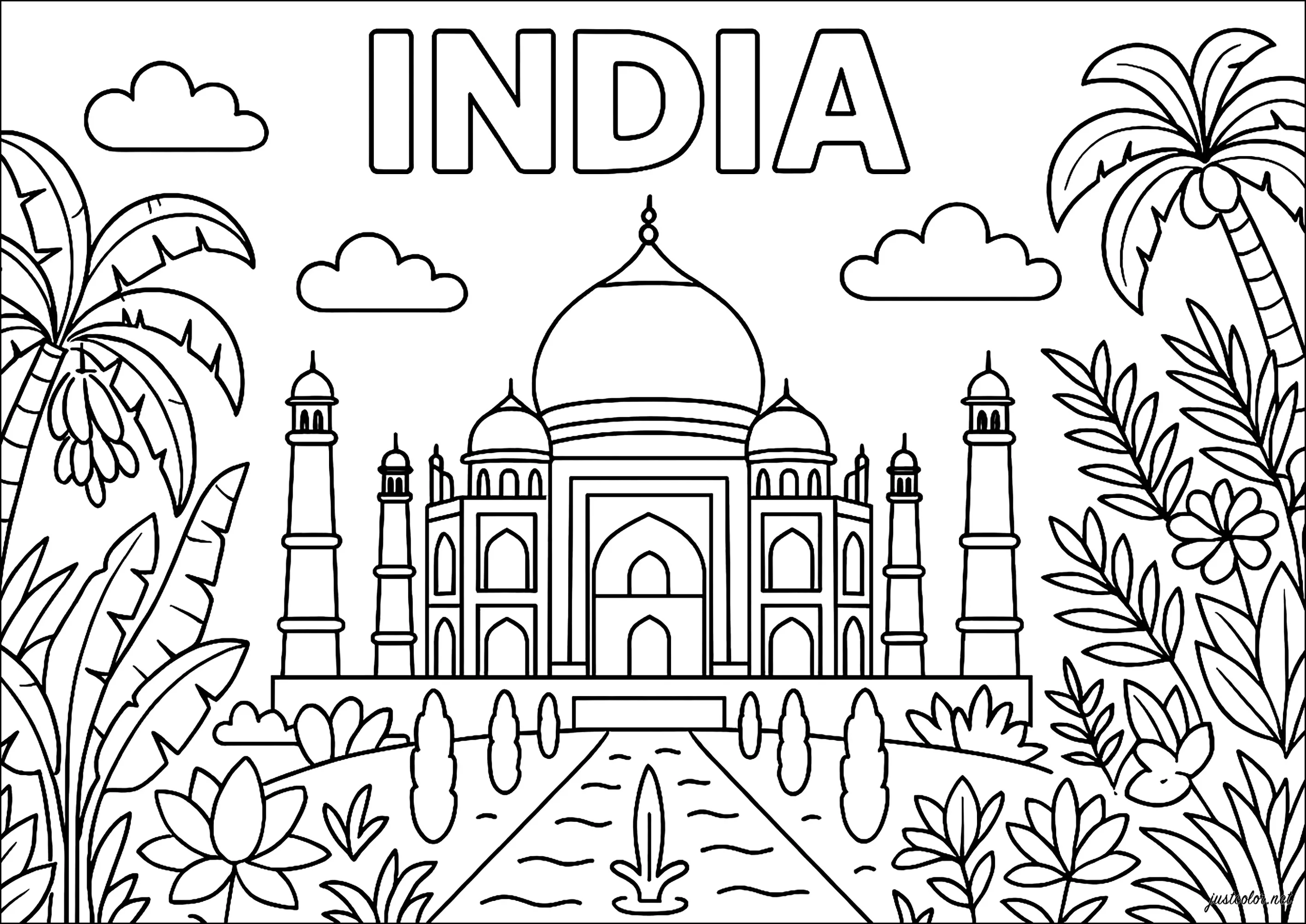 Inde : Le majestueux Taj Mahal au milieu des fleurs (Coloriage de Pays à imprimer pour enfants)