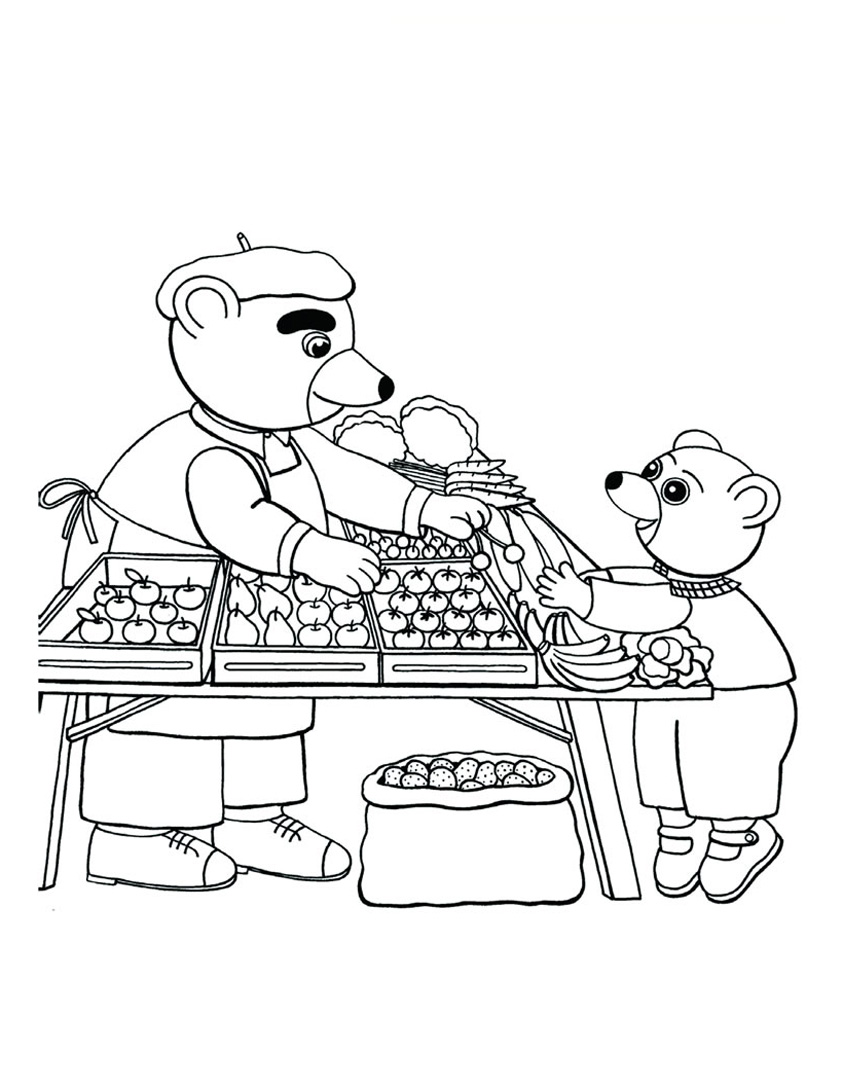 Sur le marché du village, Petit Ours brun aime acheter des fruits et légumes, il apprend à compter comme ça