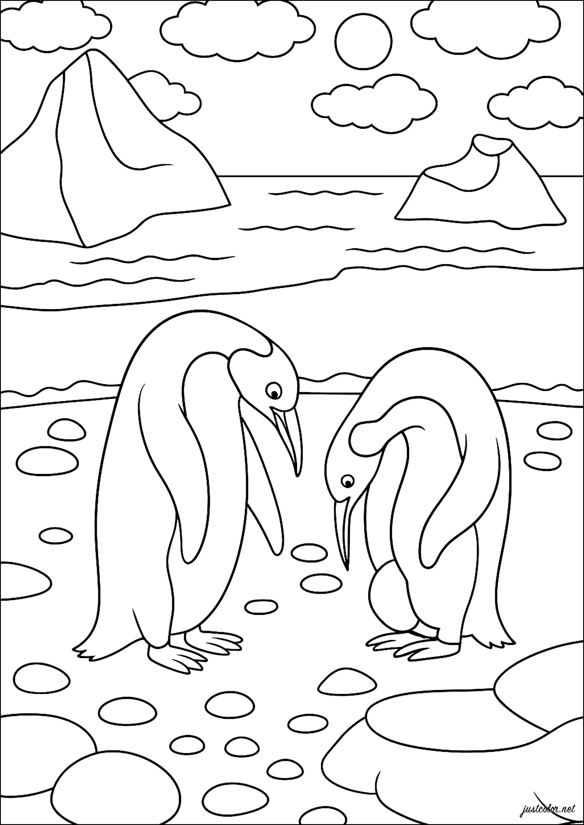 Petits pingouins sur la glace (Coloriage de Pingouins, Manchots et Phoques à imprimer pour enfants)