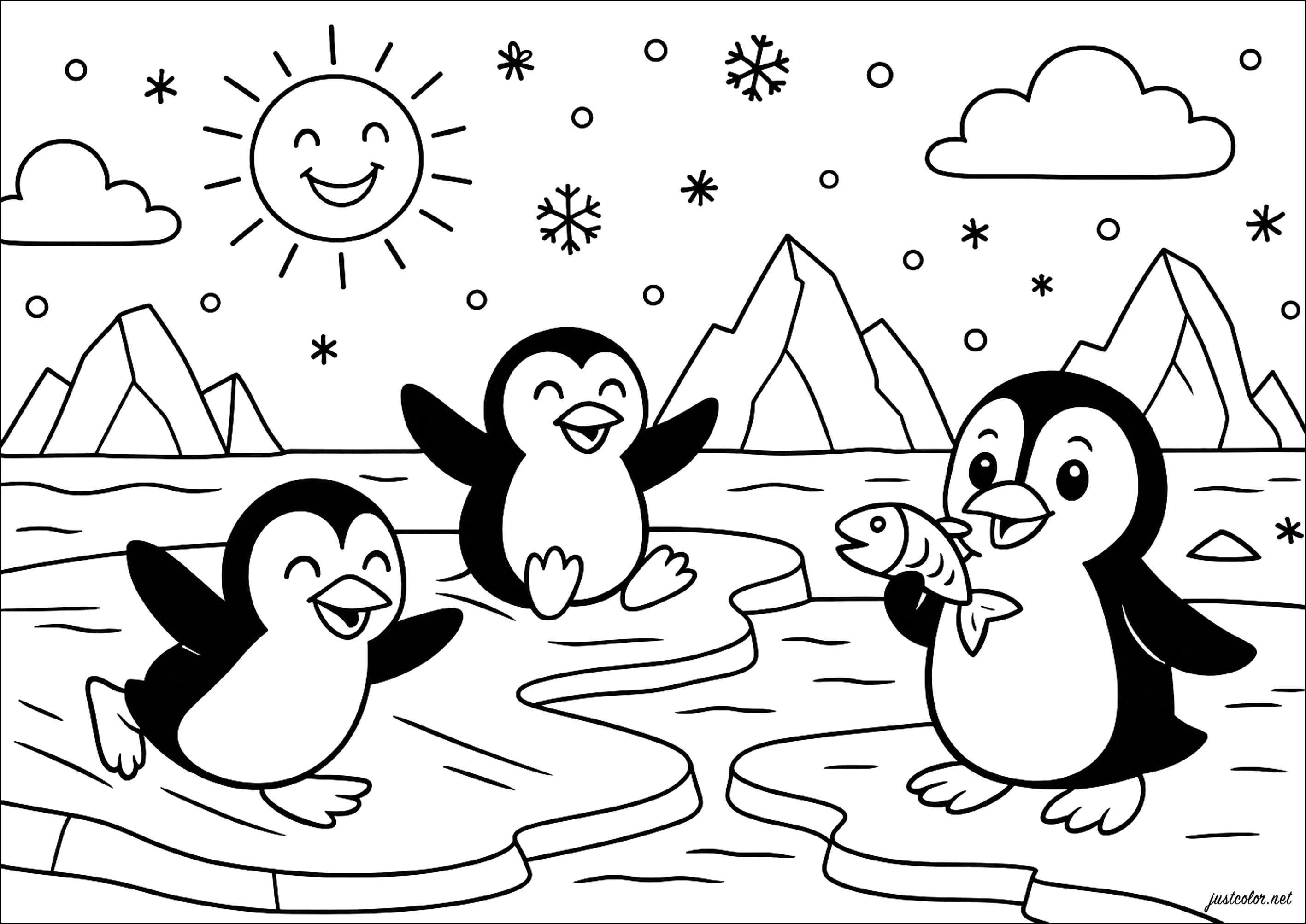 Les pinguins joyeux en plein amusement sur la banquise (Coloriage de Pingouins, Manchots et Phoques à imprimer pour enfants)