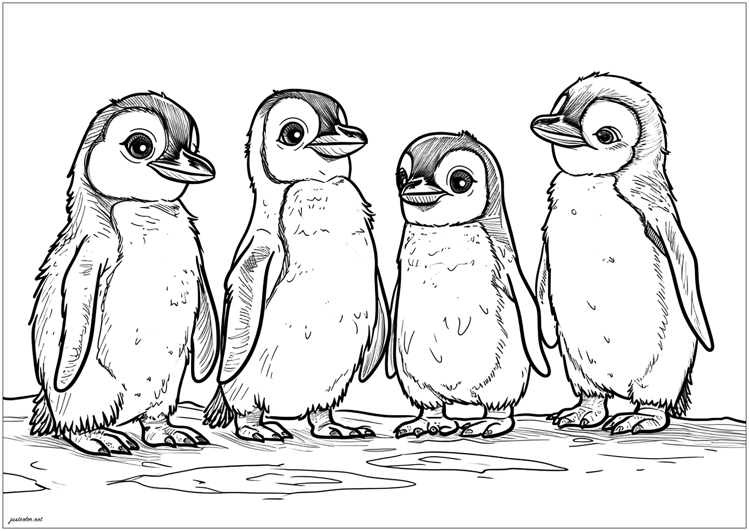 Quatre pingouins mignons - Coloriages de Pingouins, Manchots et Phoques