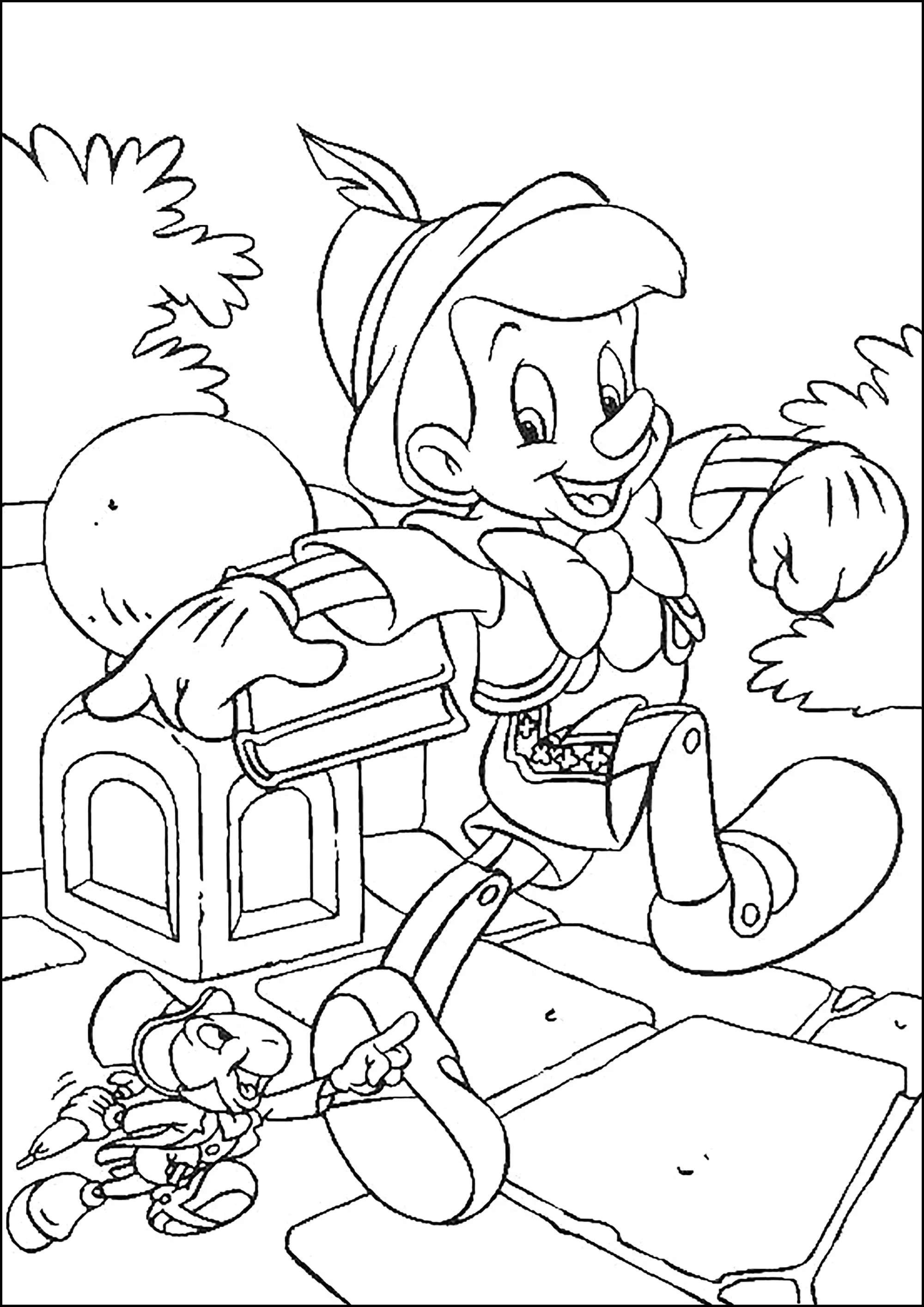 Pinocchio prêt pour partir à l'aventure (Coloriage à imprimer pour enfants)