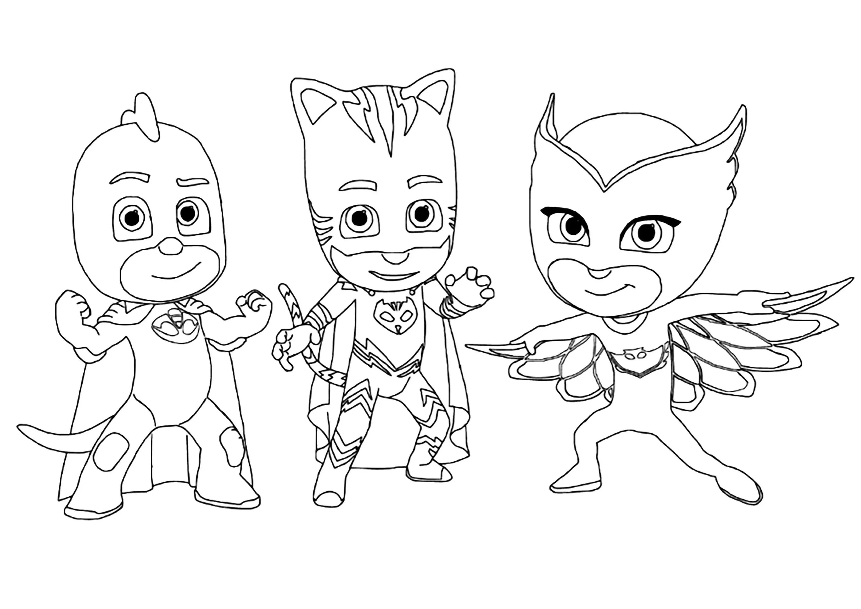 Pyjamasques (PJ Masks) : les 3 héros réunis (Coloriage de Pyjamasques (PJ Masks) à imprimer pour enfants)