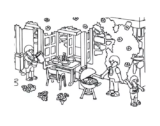 Playmobil famille jardin (Coloriage à imprimer pour enfants)