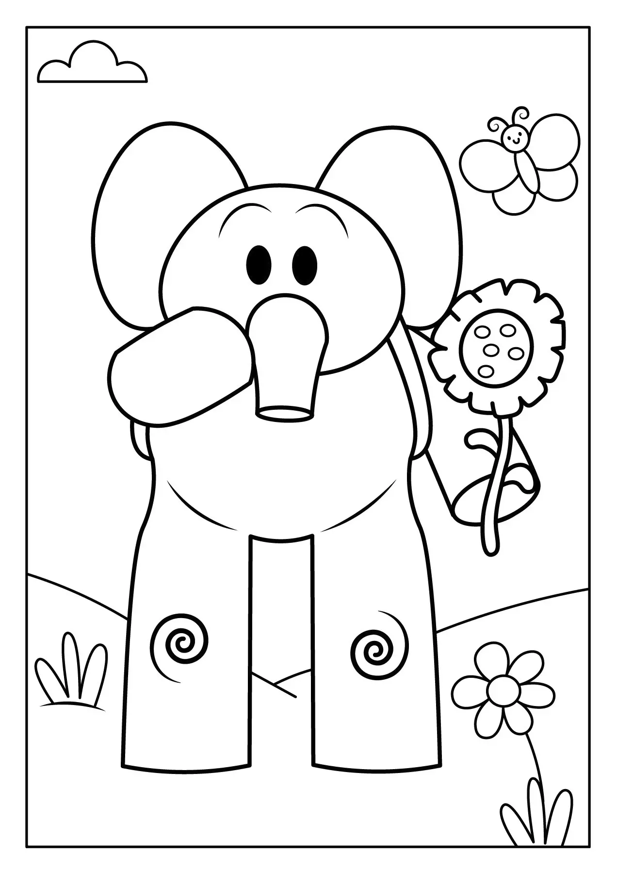 Elly l'éléphant avec une belle fleur (Coloriage de Pocoyo à imprimer pour enfants)