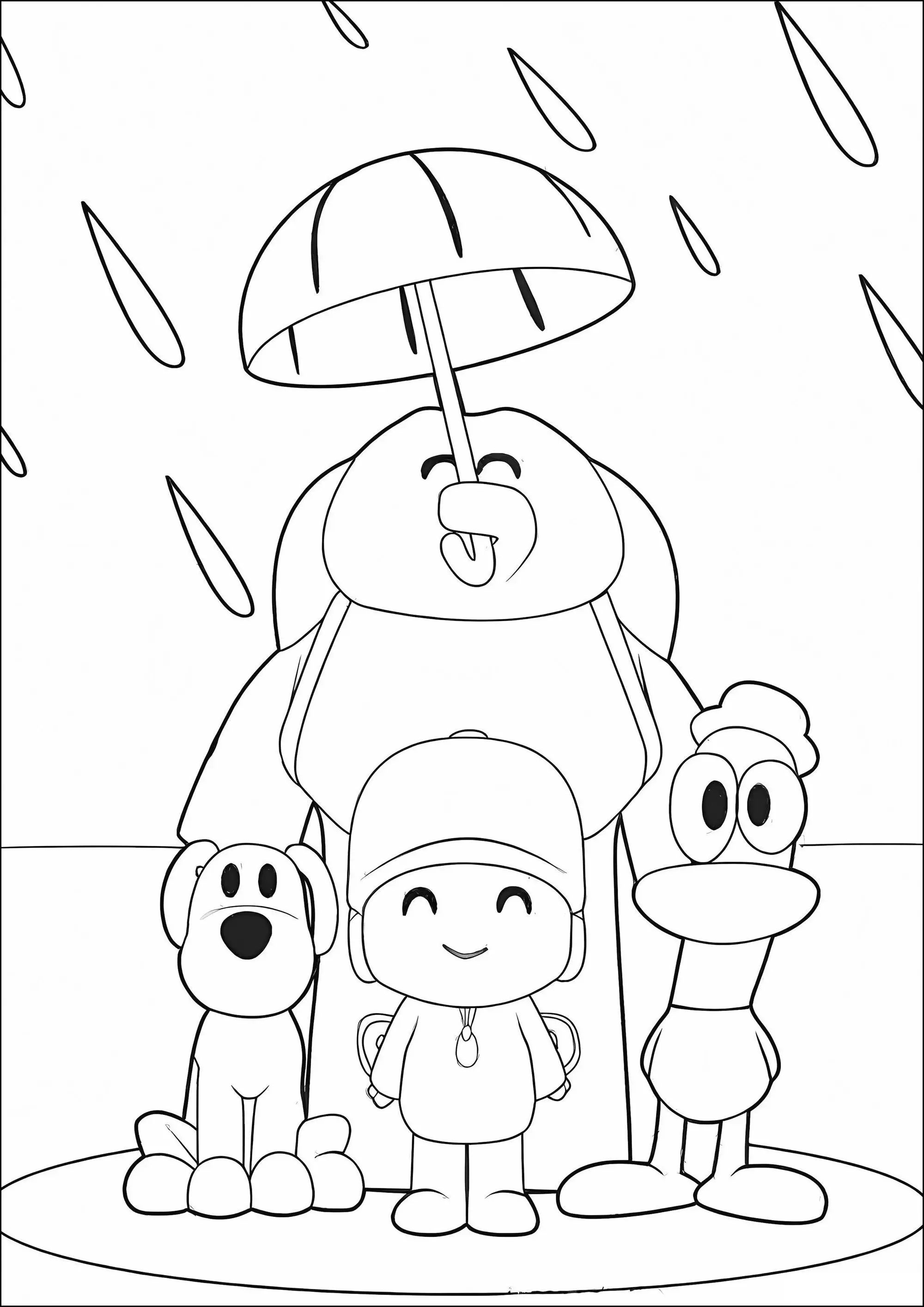 Il pleut ! (Coloriage de Pocoyo à imprimer pour enfants)
