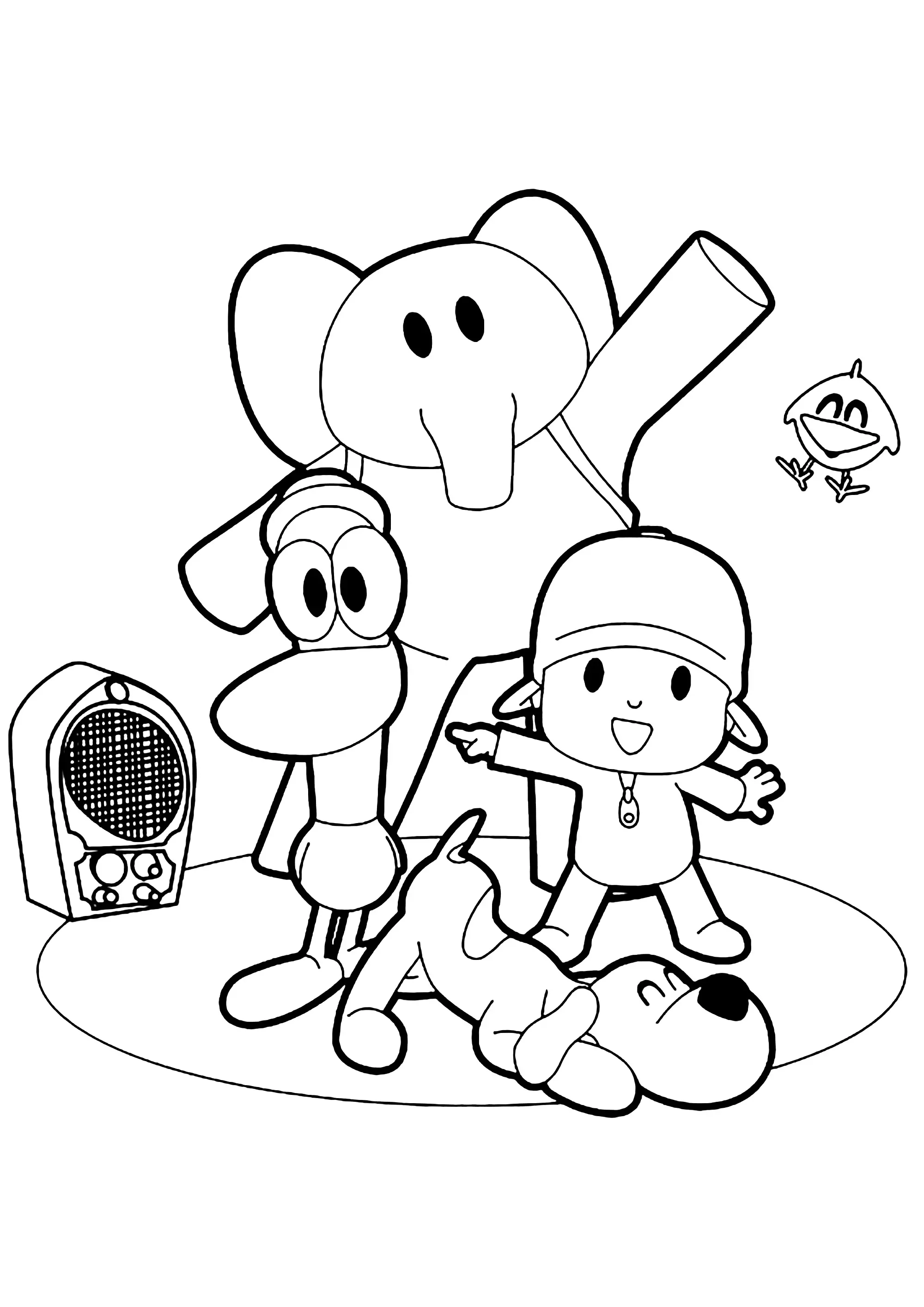 Pocoyo, Pato le canarad et Elly l'éléphant (Coloriage à imprimer pour enfants)