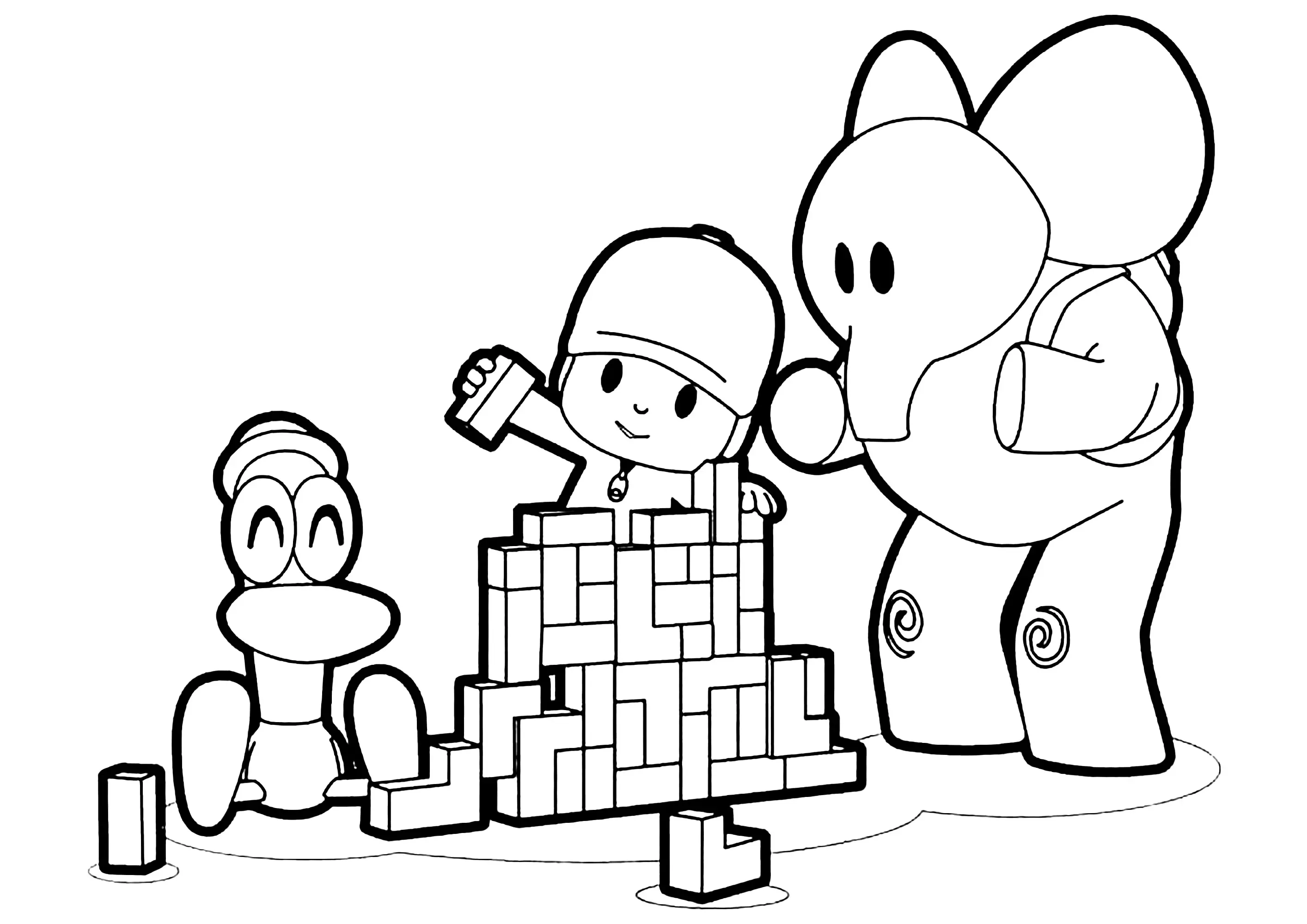 Pocoyo avec Pato et Elly (Coloriage à imprimer pour enfants)