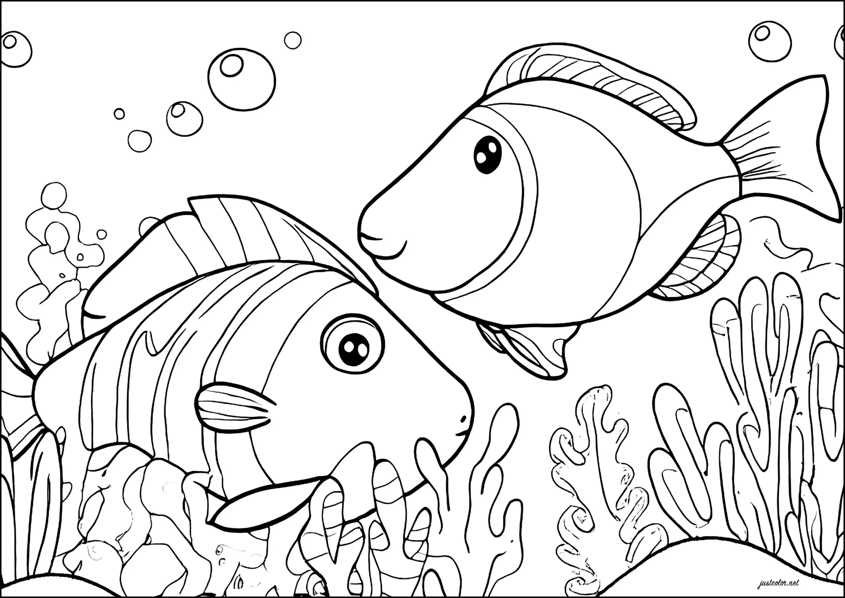 Deux beaux poissons nageant (Coloriage à imprimer pour enfants)