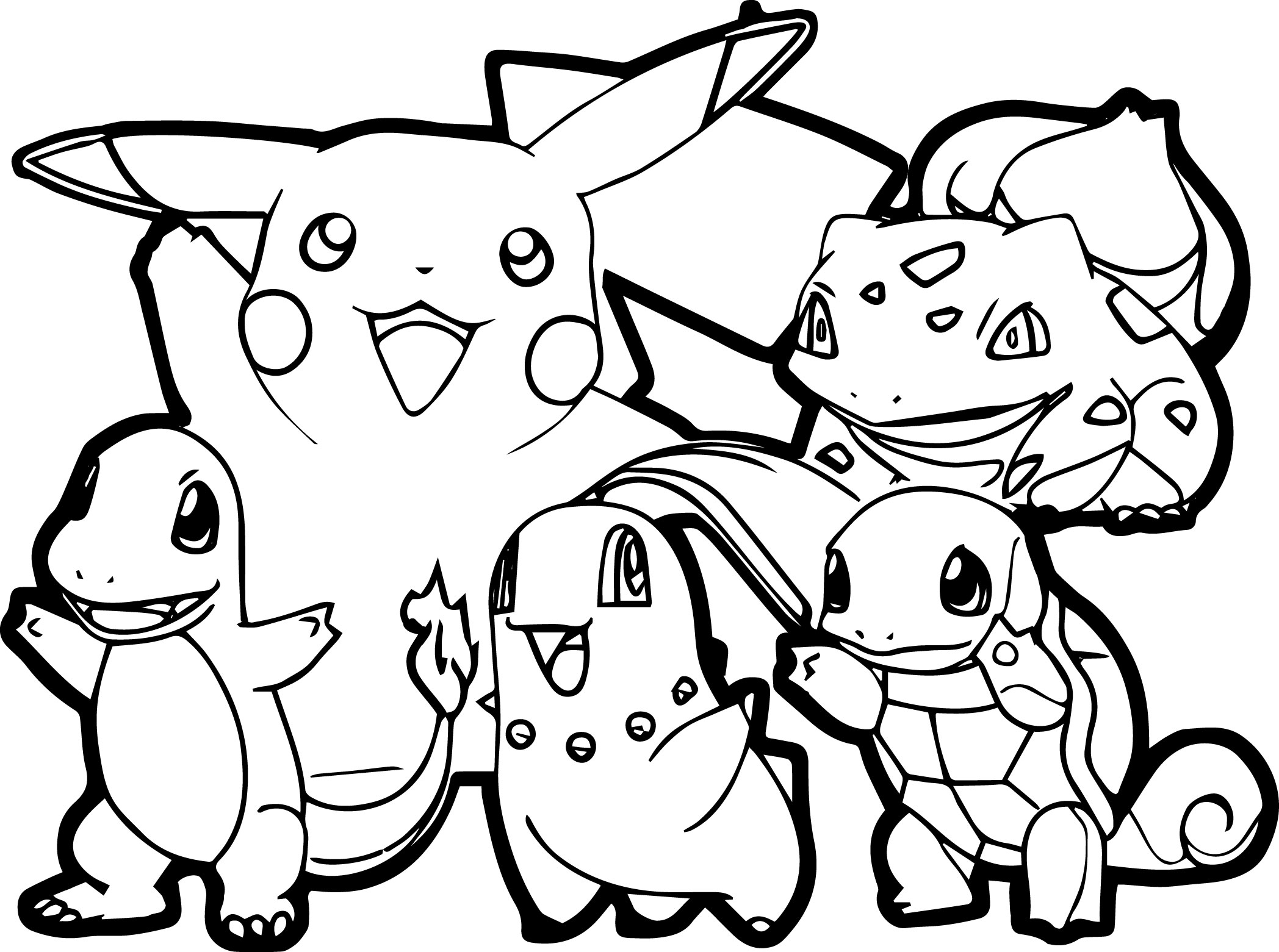 Un coloriage simple de Pikachu et de ses amis, avec des traits très épais