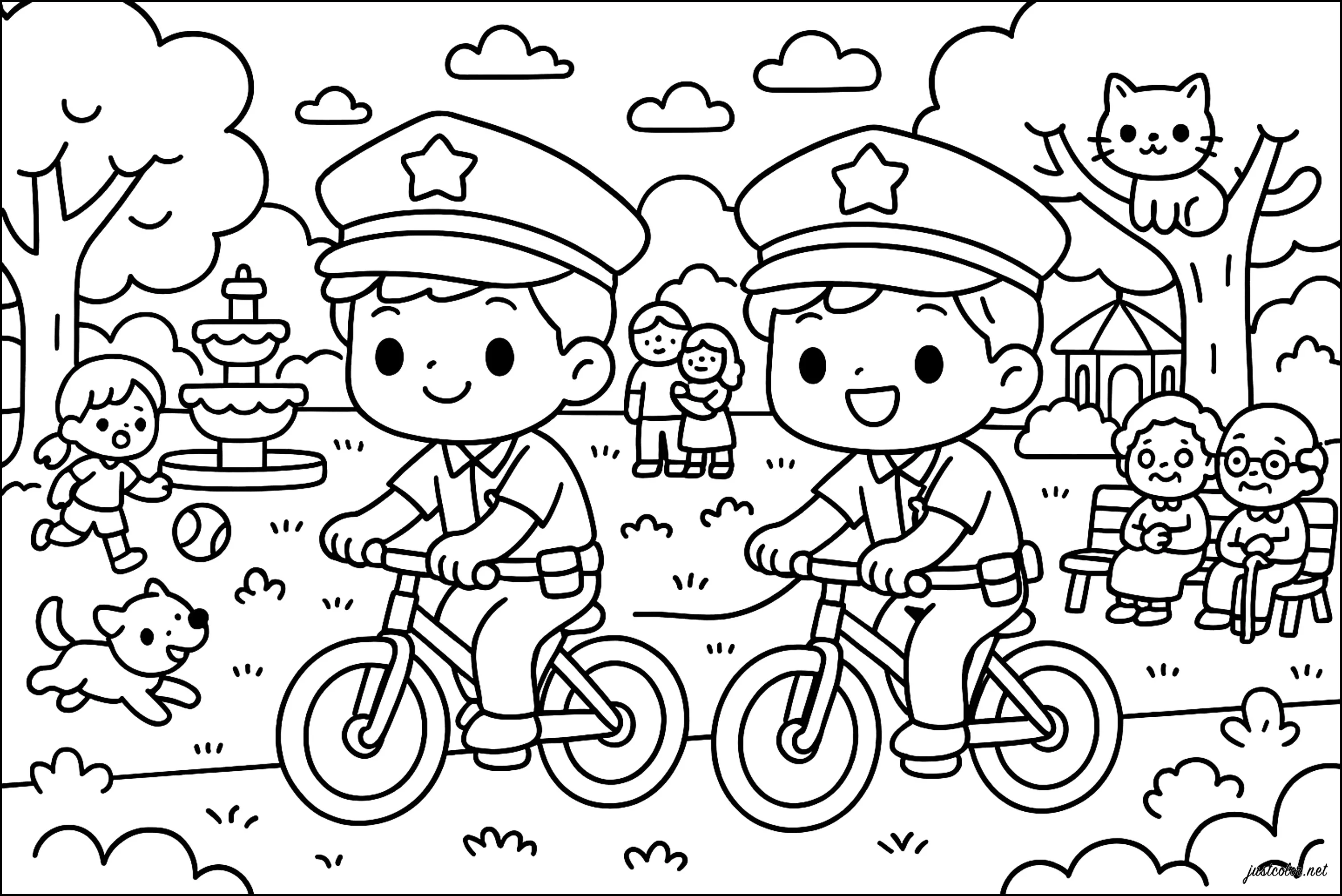 Deux jeunes policiers en vélo (Coloriage de Police à imprimer pour enfants)