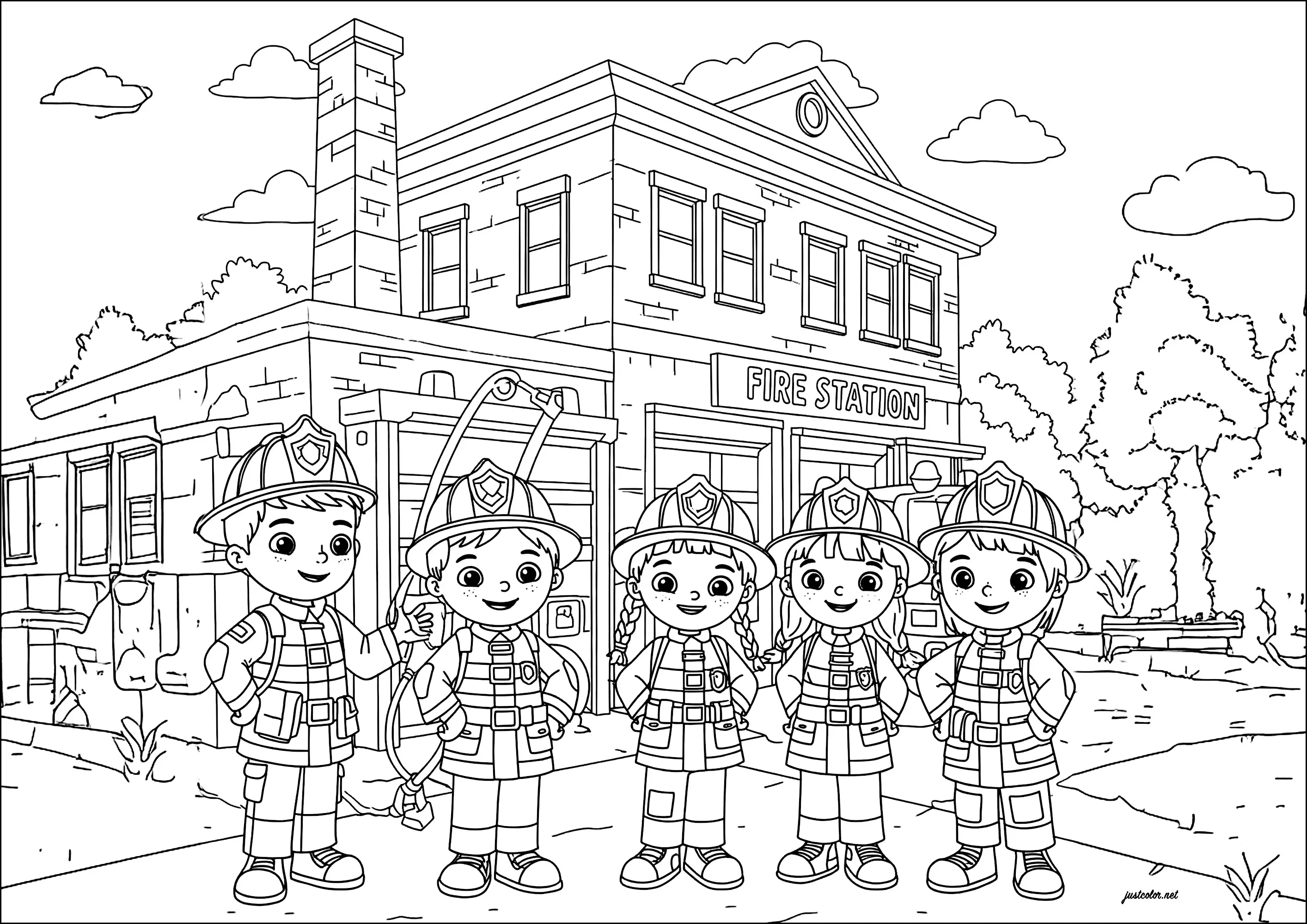 L'équipe des apprentis pompiers est prête à entrer en action ! (Coloriage à imprimer pour enfants)