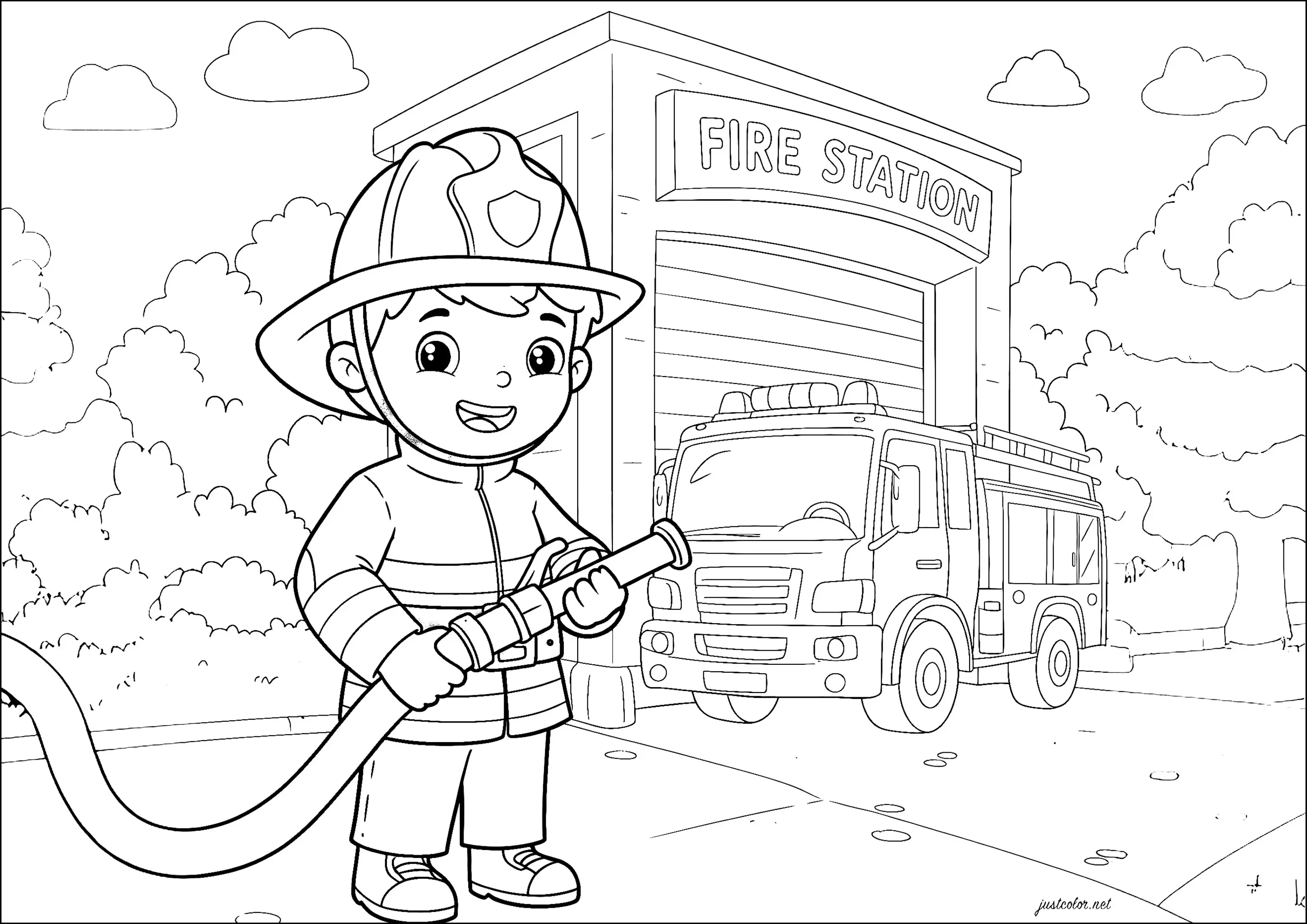 Jeune pompier et sa lance à eau (Coloriage à imprimer pour enfants)