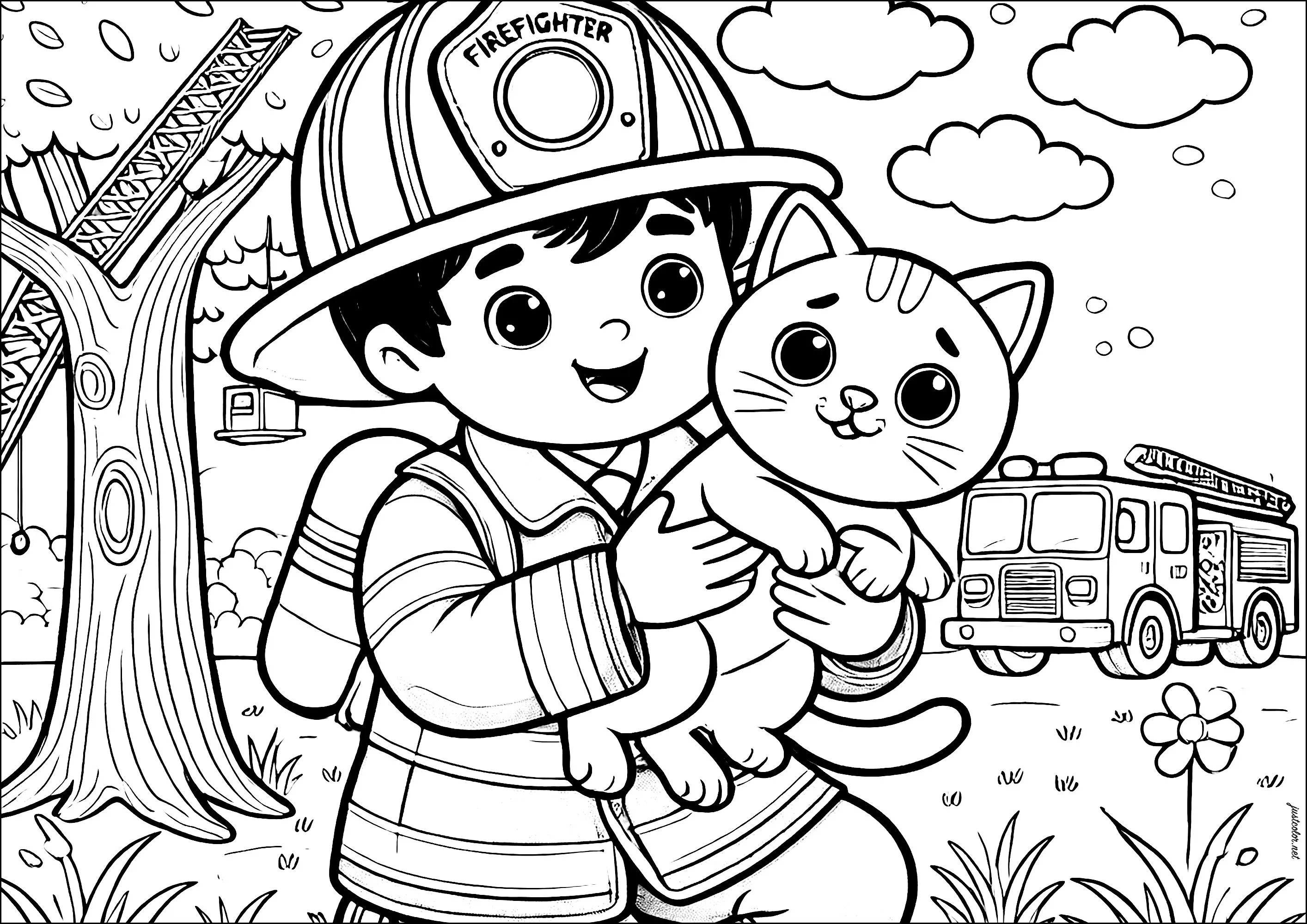 Chaton sauvé par un pompier (Coloriage à imprimer pour enfants)