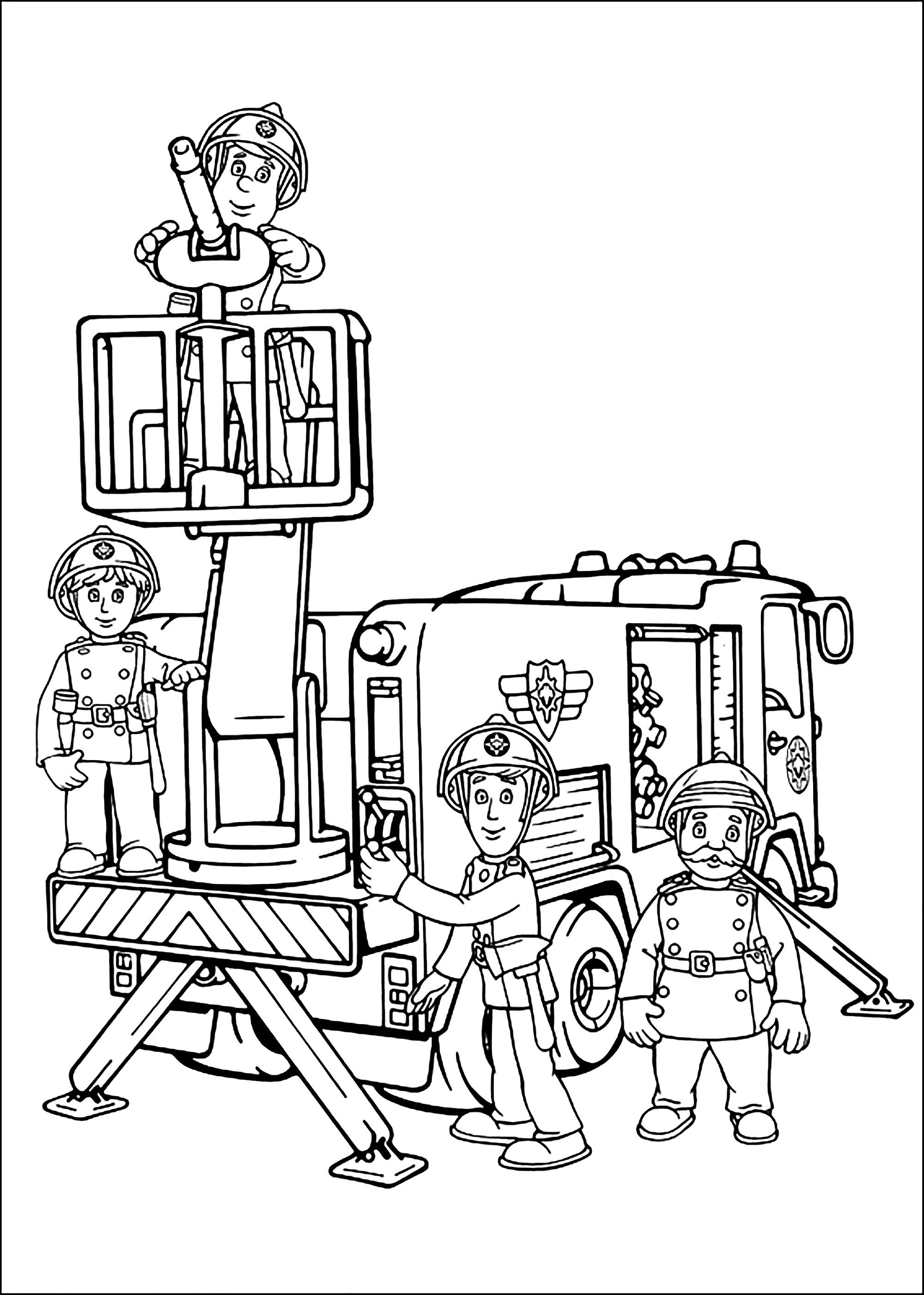 Un coloriage avec plusieurs pompiers