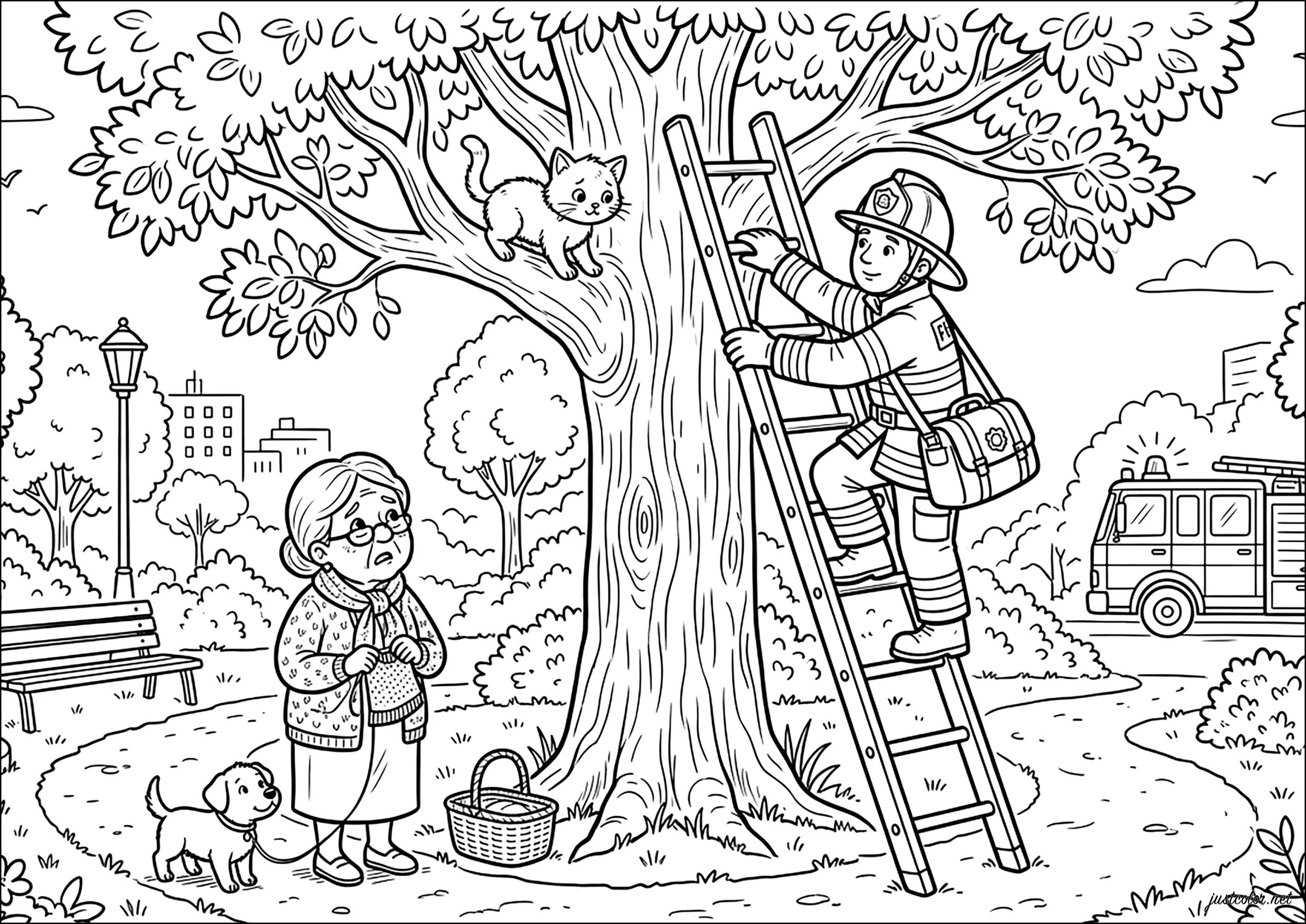 Sauvetage héroïque d'un chat perché (Coloriage de Pompiers à imprimer pour enfants)