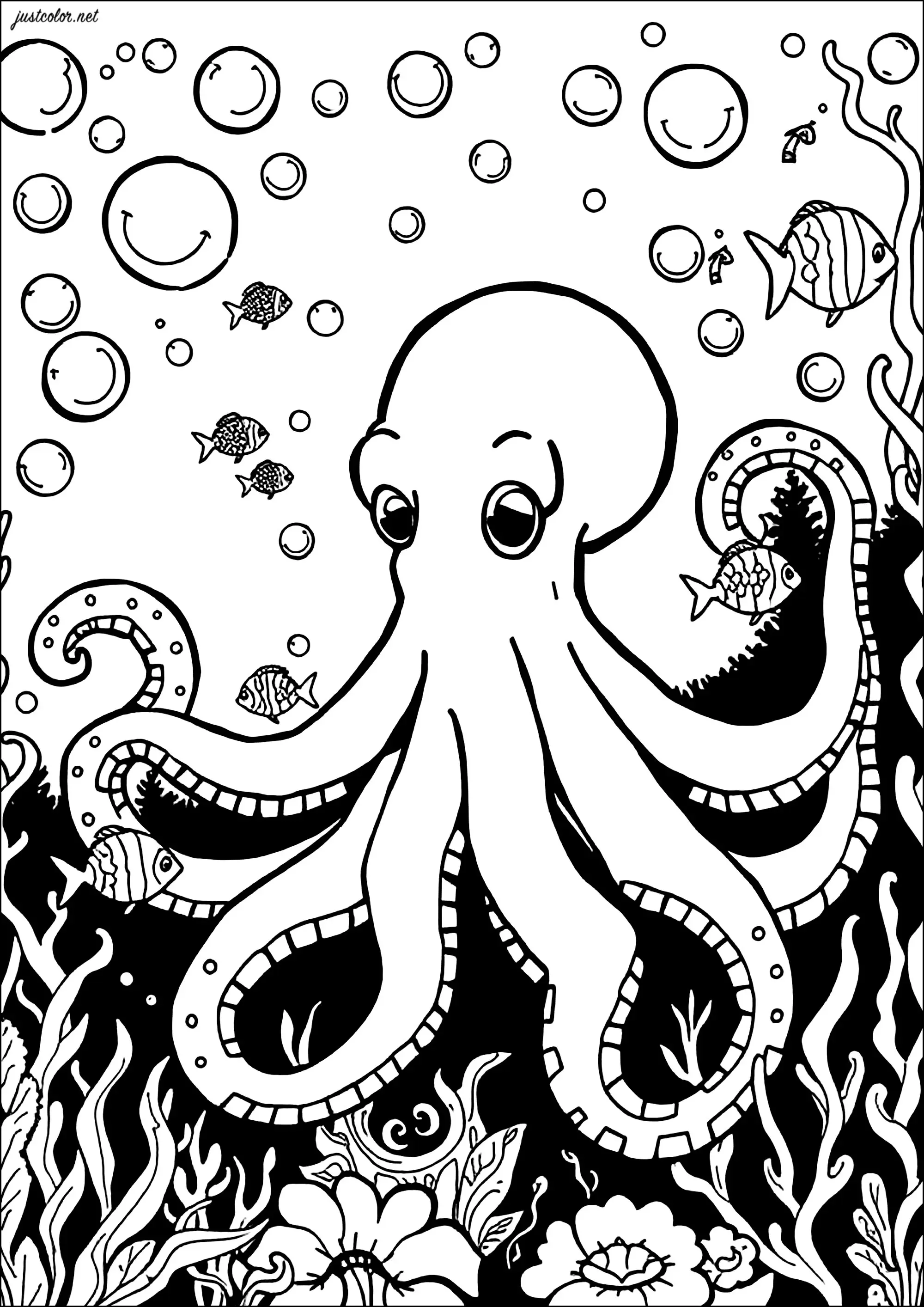 Pieuvre entourée de petits poissons (Coloriage à imprimer pour enfants)