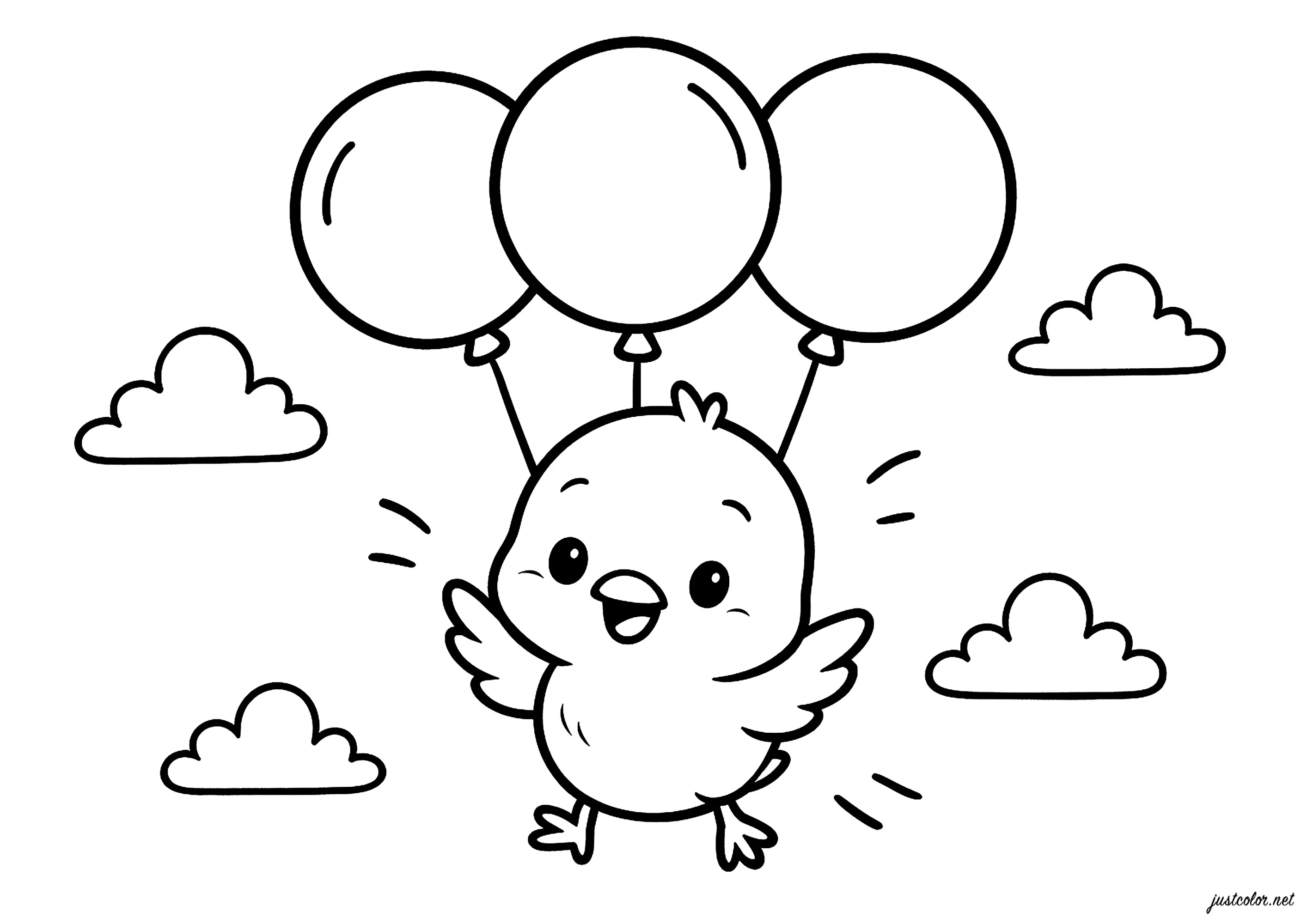 Un petit poussin s'envole joyeusement (Coloriage à imprimer pour enfants)
