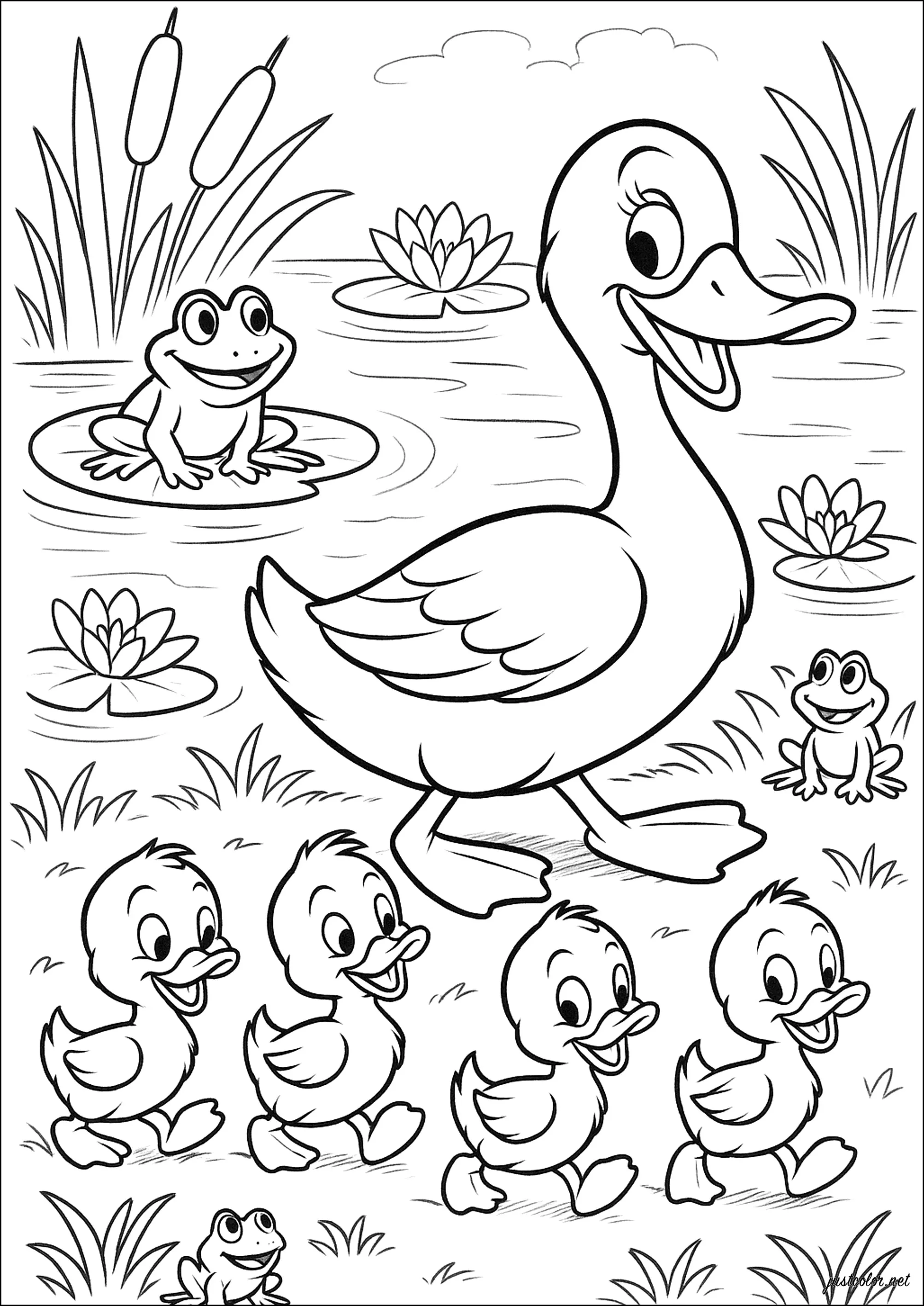 Promenade joyeuse au bord de l'eau (Coloriage de Poussin à imprimer pour enfants)